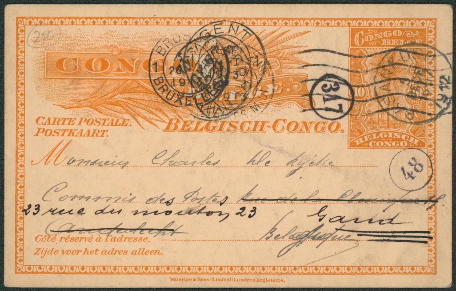 Congo Belge - EP au type 10ctm orange expédié de Basankusu > Bruxelles (Anderlecht) suivi Gand / Gent + marque au versp "G5"