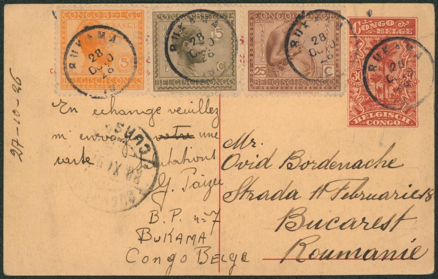 Congo Belge - Ep vue au type 30ctm rouge (vue n°109) + Affranch. Complémentaire VLOORS de Bukama > Bucarest (Roumanie).