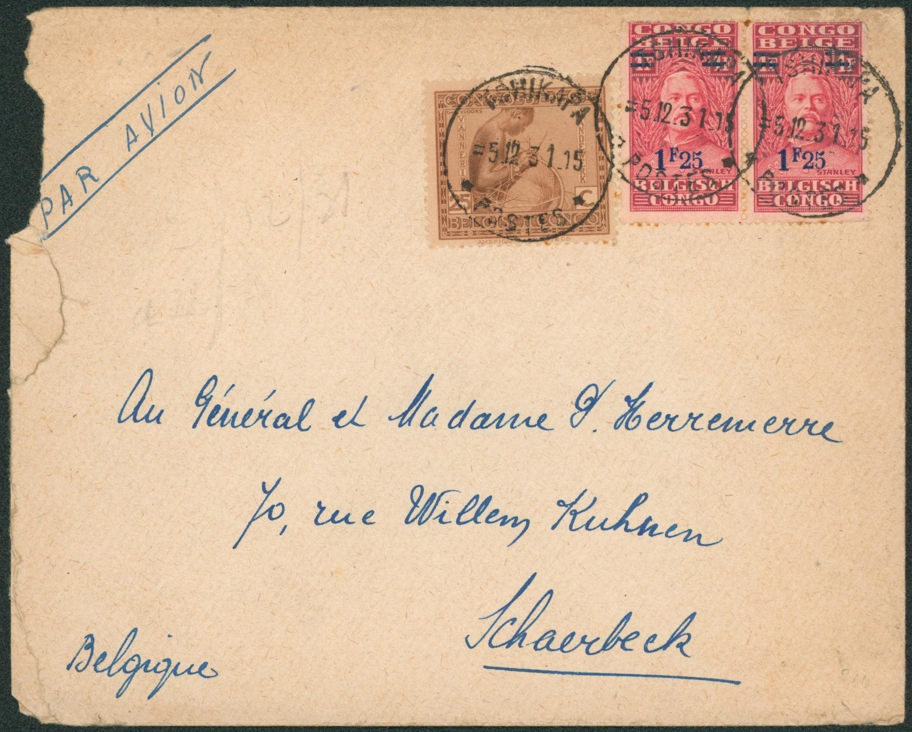 Congo Belge - n°110 + 163 x2 sur lettre par avion de Tshikapa > Schaerbeek