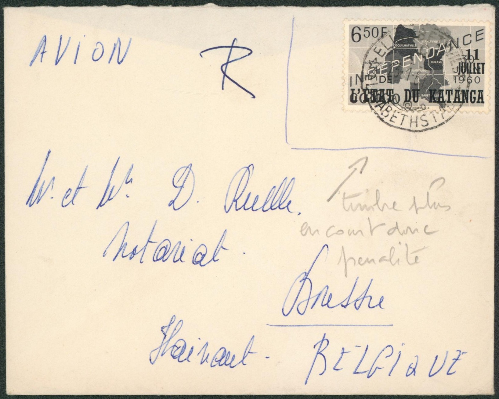Katanga - n°47 sur lettre par avion de Elisabethville > Boussu.  A voir