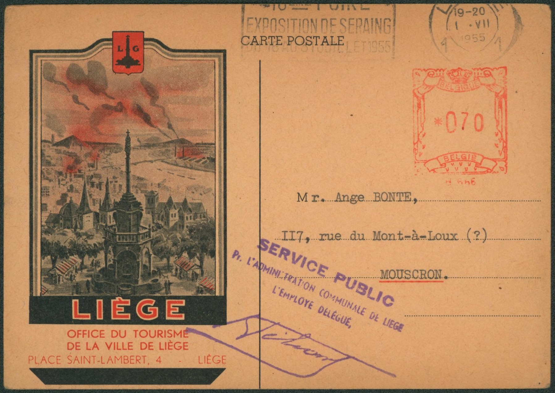 CP imprimée (Office du tourisme de la ville de Liège) + Affranchissement mécanique 0,7F, de Liège > Mouscron.