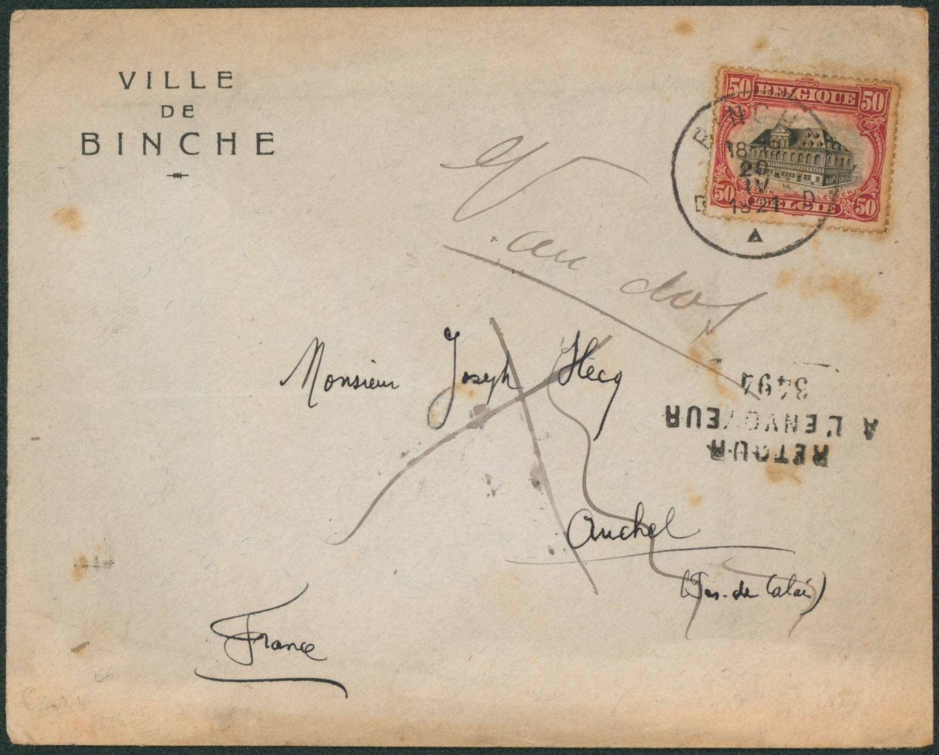 n°144 sur L. à en-tête de Binche > Auchel (France) + griffe retour à l'envoyeur, voir au dos "Inconnu à Auchel".