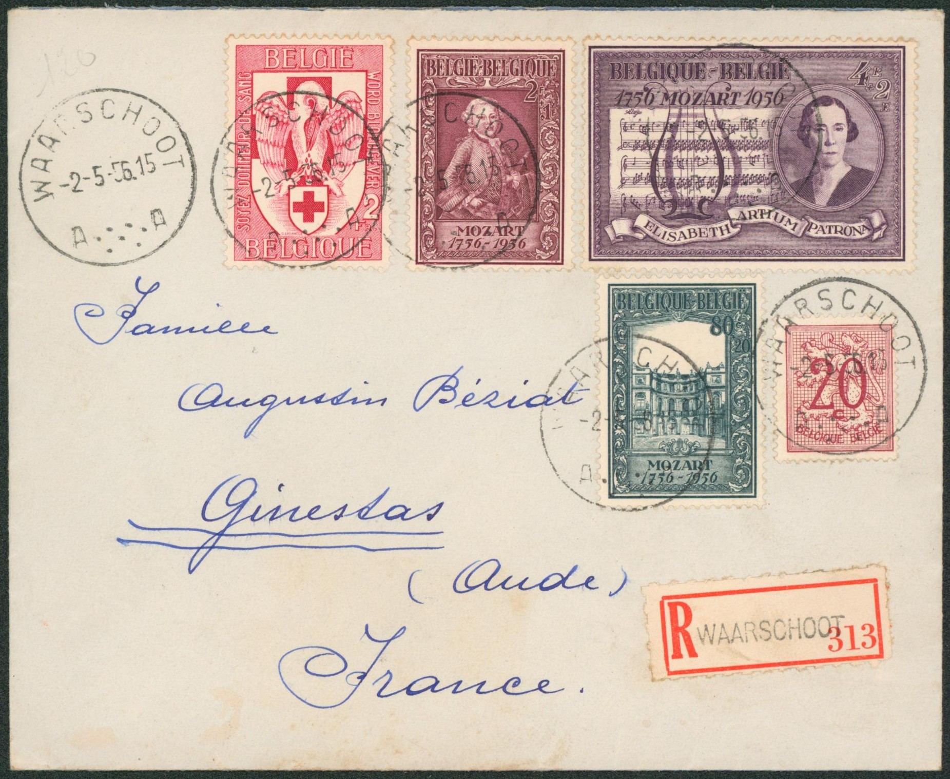 n°986, 987/89 et 851 sur lettre en recommandé de Waerschoot > Ginestas (France)