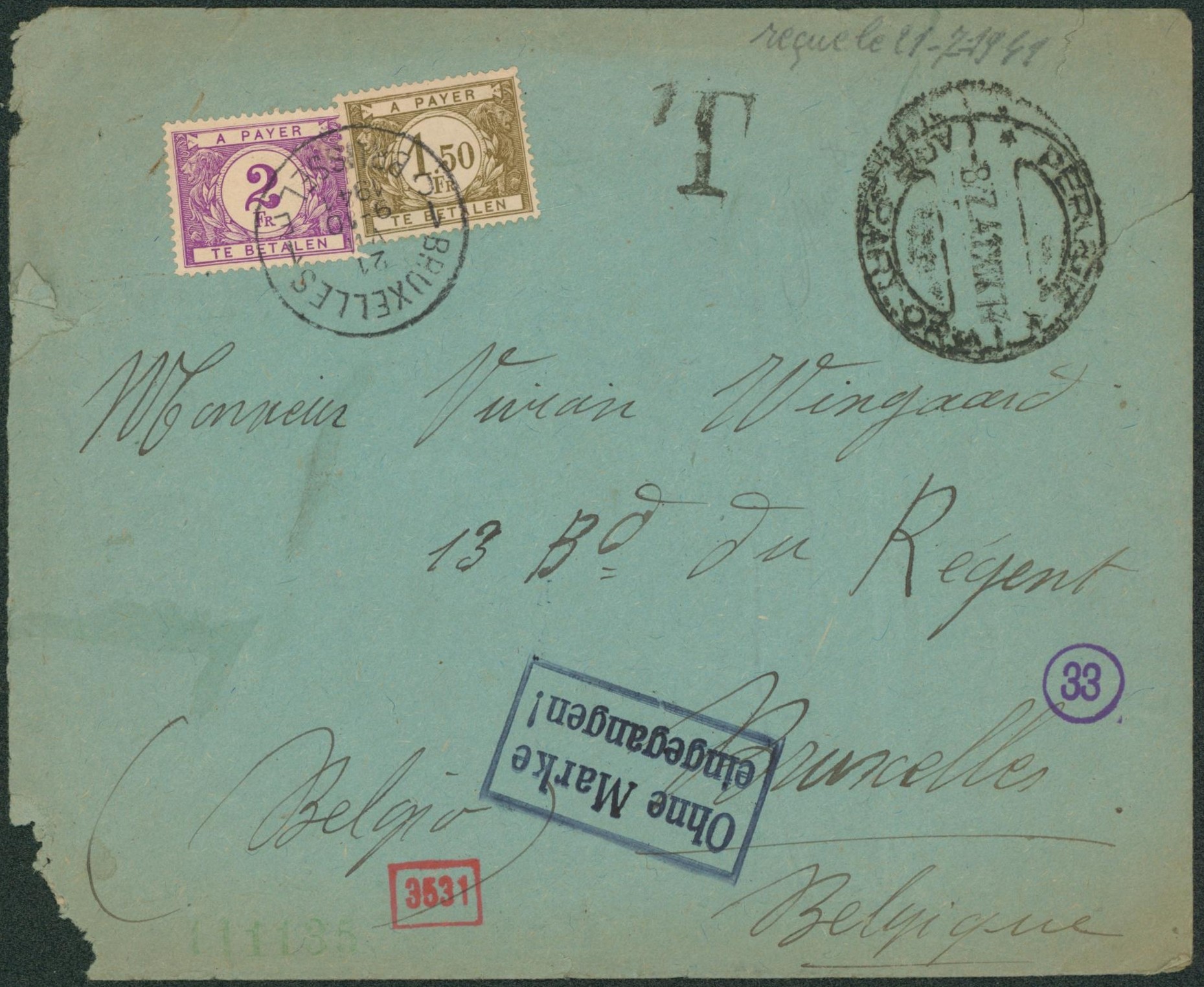 WWII - Lettre expédiée en franchise militaire de Perugia (Italie) > Bruxelles, taxé à 3f50 + griffe allemande et bandelette de censure.