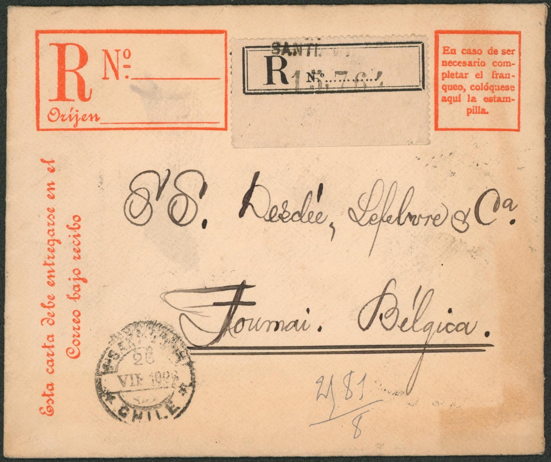 Chile - Entier postal type enveloppe 20C en recommandé de Santiago > Tournai (Belgique).