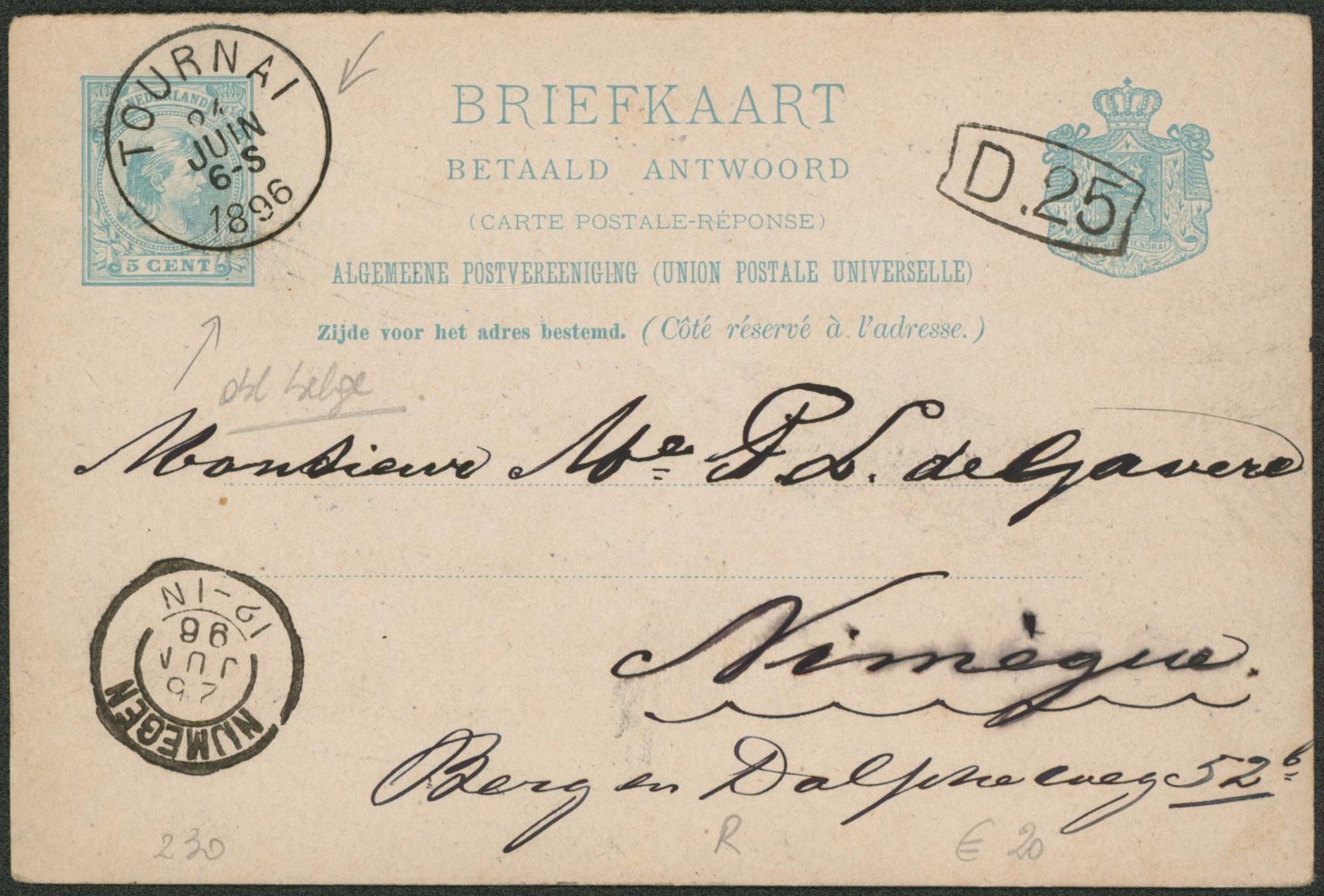 Pays-Bas - Entier réponse type 5C bleu obl simple cercle "Tournai" (1896) > Nijmegen / Texte. TB