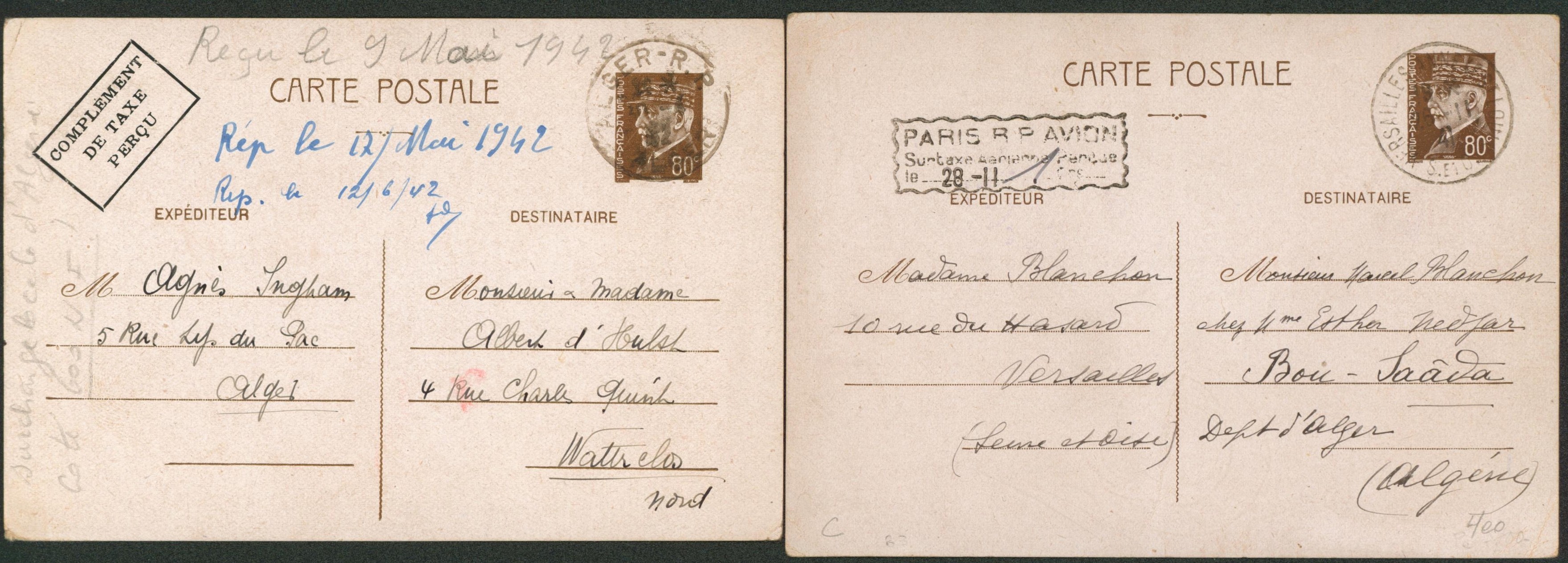France - Ensemble de deux entier postaux type Pétain (80C brun, 1941/42) de ou vers l'algérie + inscription "Complément de taxe perçue" et "Paris RP Avion / Surtaxe aérienne perçue". TB