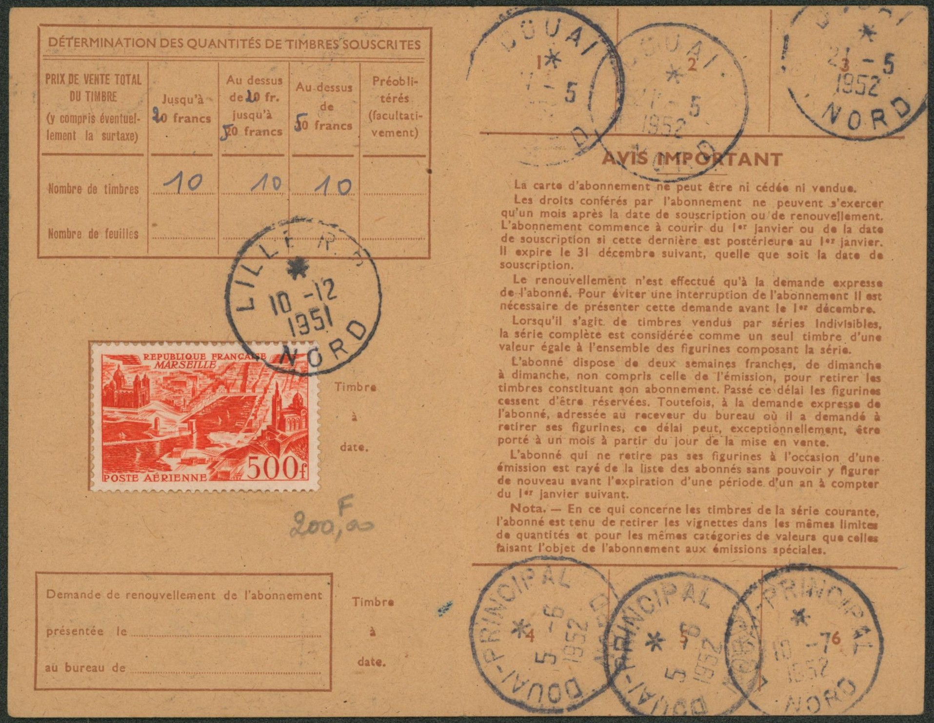 France - PA27 sur carte d'abonnement aux émissions de timbres-poste spéciaux français (valable jusqu'au 1er janvier 1952) + griffe LILLE R.P.