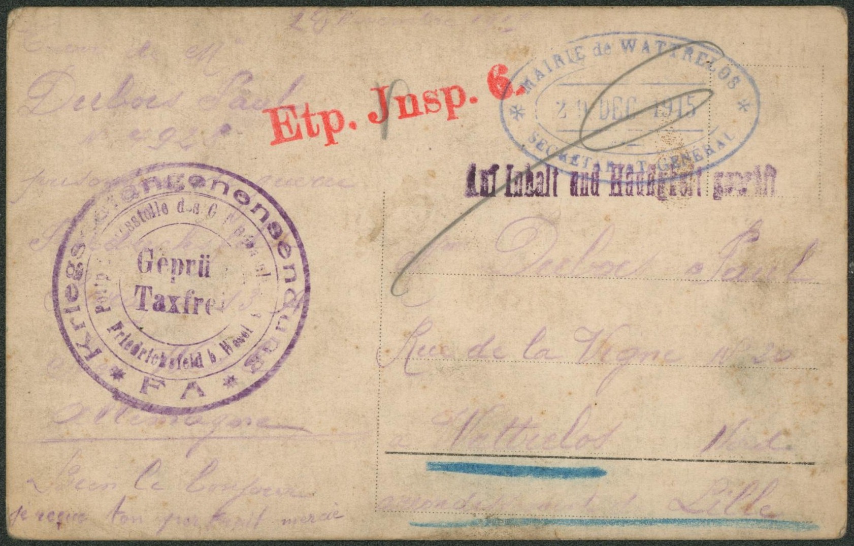 Carte photo d'un prisonnier expédié du camp de Friedrichsfeld + Gepruft Taxfrei, griffe allemande > Wattrelos çàd cachet ovale "Mairie de Wattrelos" (France).