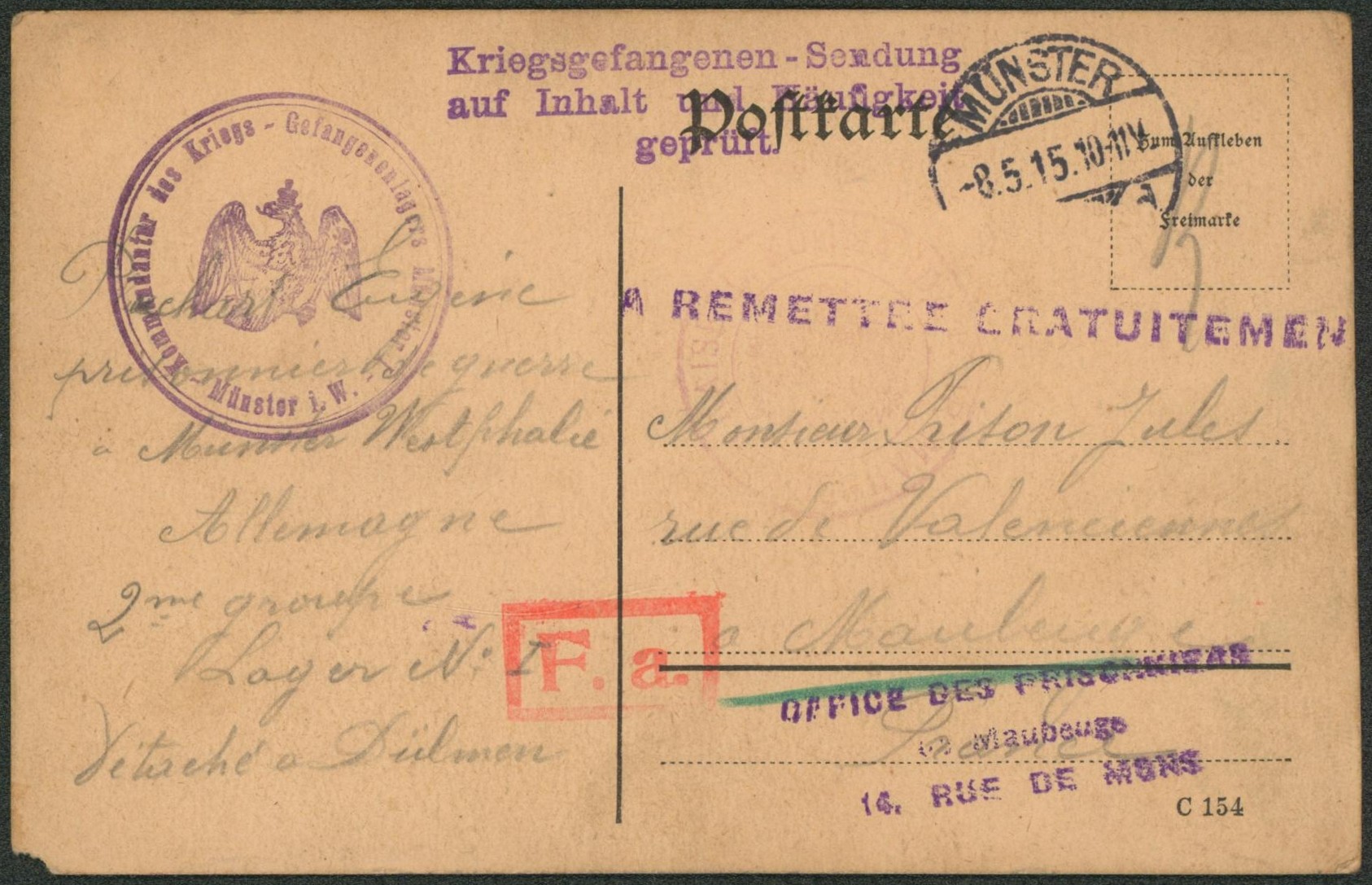 Postkarte expédié du camp de Munster + griffe A REMETTRE GRATUITEMENT + griffe allemande 3L. > Maubeuge, office des prisonniers.