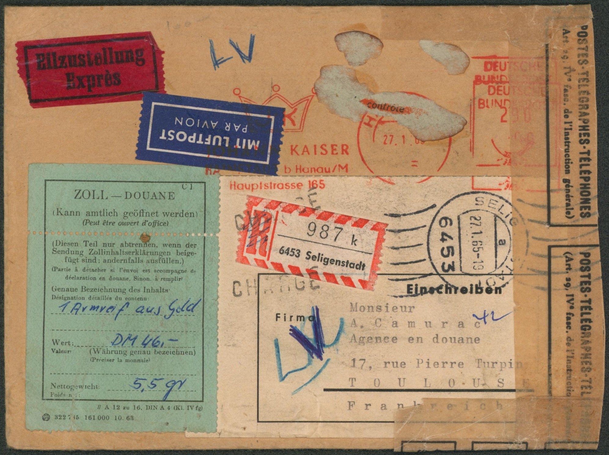 Allemagne - Lettre chargé expédié de Seligenstadt en recommandé / expres par avion + étiquette DOUANE > Toulouse çàd bandelette de la poste "postes, télégraphes, téléphones".