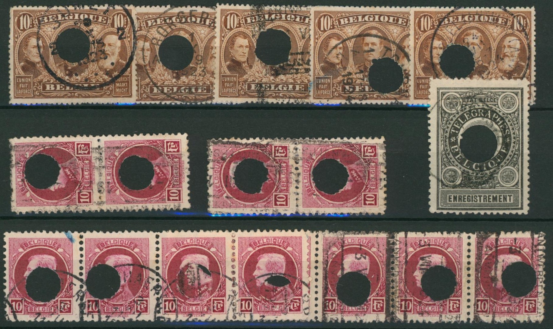 Lot de perforations télégraphiques sur timbtres oblitérés (dont n°149 x5). A voir