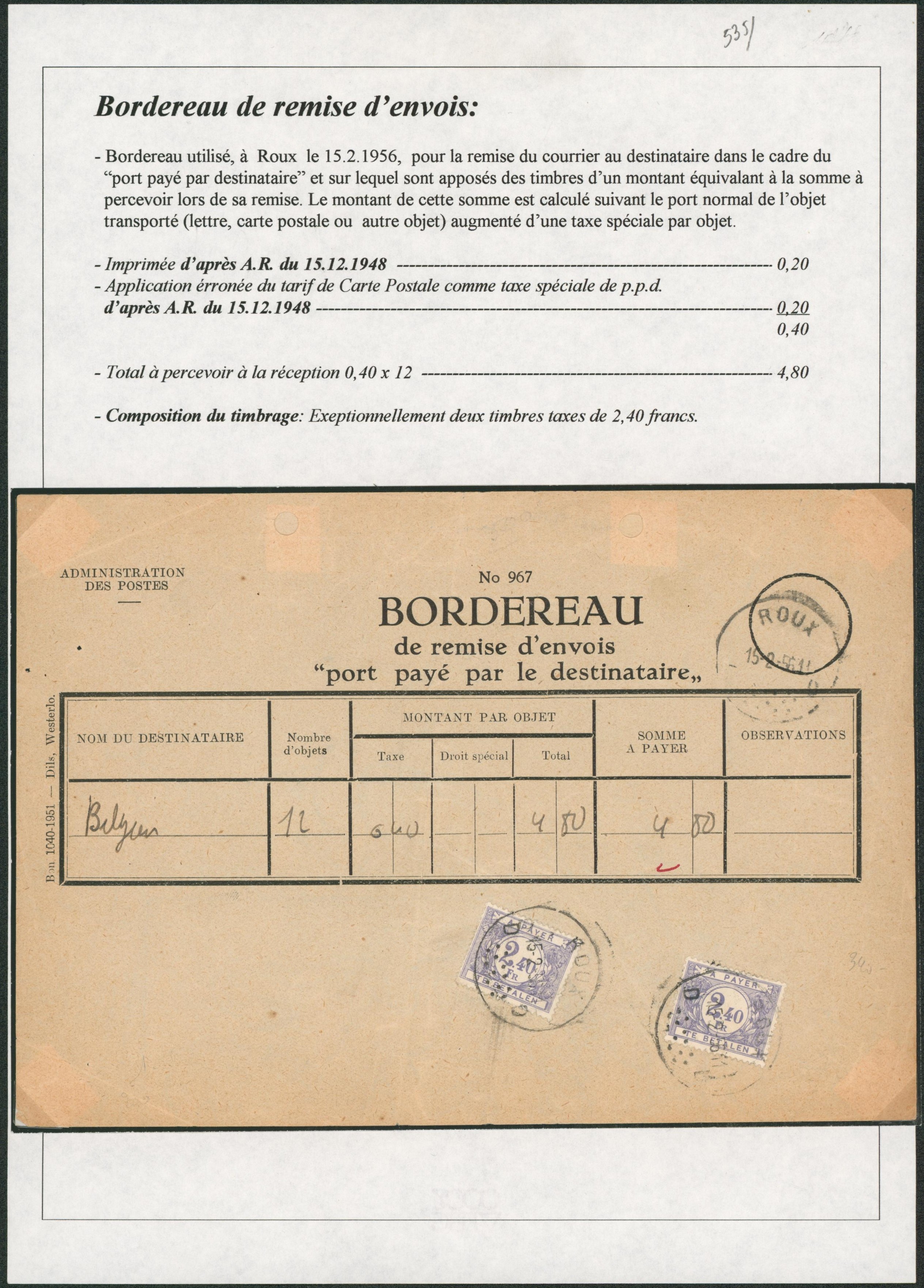 Page de collection - Bordereau de remise d'envois (+ descriptif) taxé à 4F80 ! Superbe