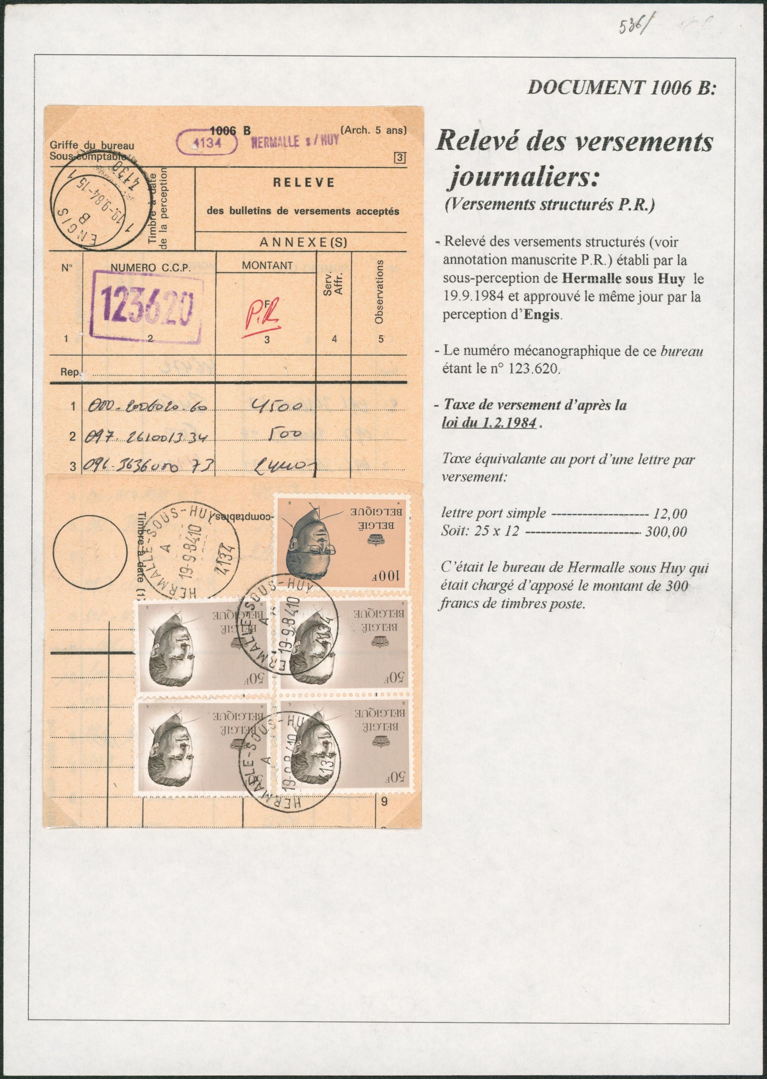 Page de collection - Relevé de versements journaliers (+ descriptif) Lettre port simple 12Fr x25 = 300Frs (Engis)