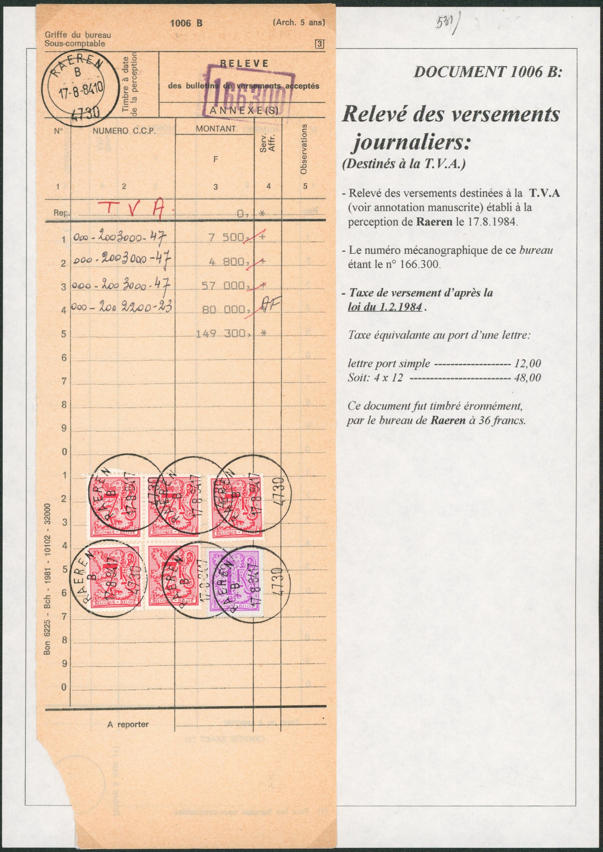 Page de collection - Relevé de versements journaliers (+ descriptif) Lettre port simple 12Fr x4 = 48Frs (Raeren B)