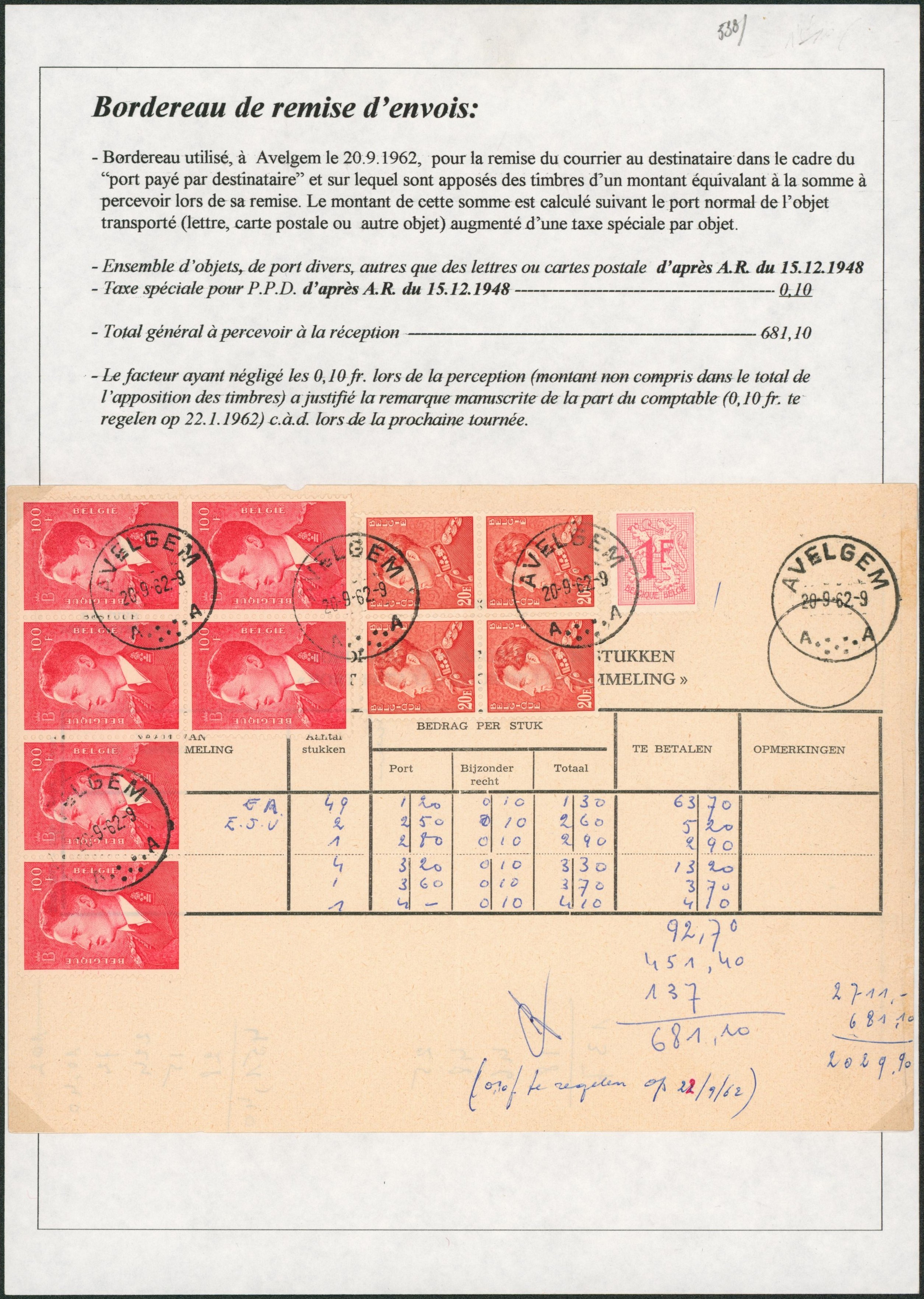 Page de collection - Bordereau de remise d'envois (+ descriptif) total général à percevoir 681,10 Frs, le facteur à négliger les 0,10 Frs restant, compte manuscrit relevé lors de la prochaine tournée (Avelgem) / Poortman