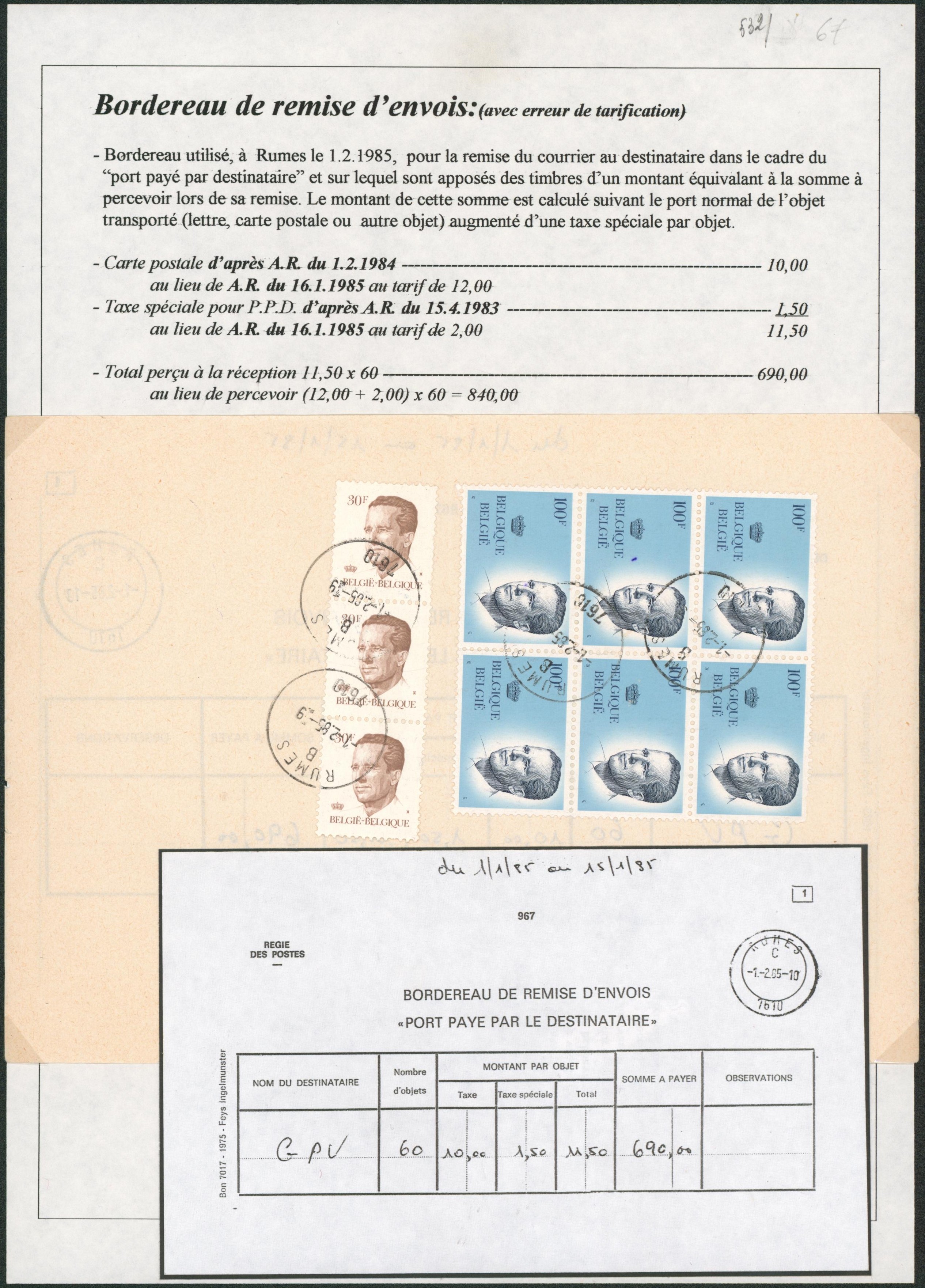 Page de collection - Bordereau de remise d'envois (+ descriptif) çàd déposé à Rumes + total perçue à la réception 11,5F x 60 = 690Frs !