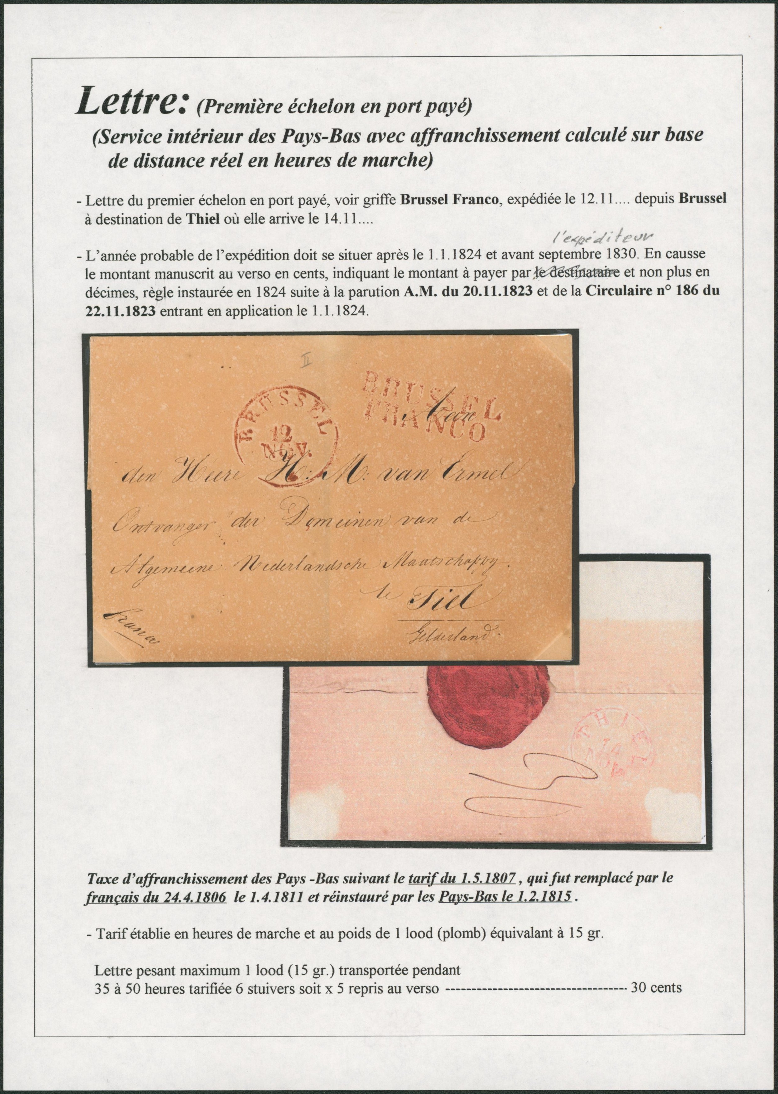 Page de collection - Lettre en PP çàd BRUSSEL / FRANCO + cachet simples cercles à Perles "Brussel" > Thiel (Pays-Bas), taxe perçue au verso çàd 30cents.