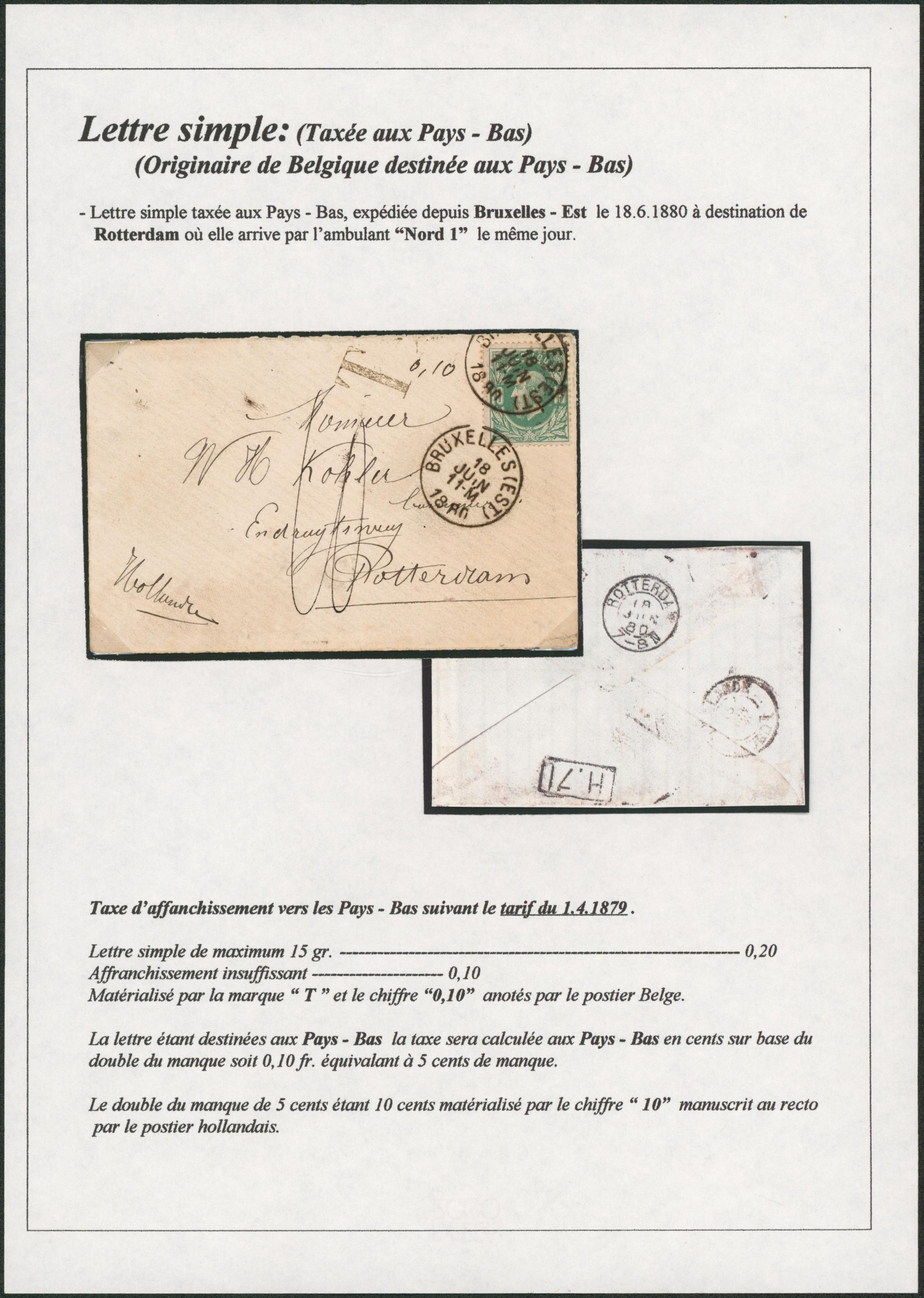 Page de collection - n°30 sur petite env. expédié de Bruxelles (est) > Rotterdam, insuffisament affranchi çàd taxe manuscrite "10"