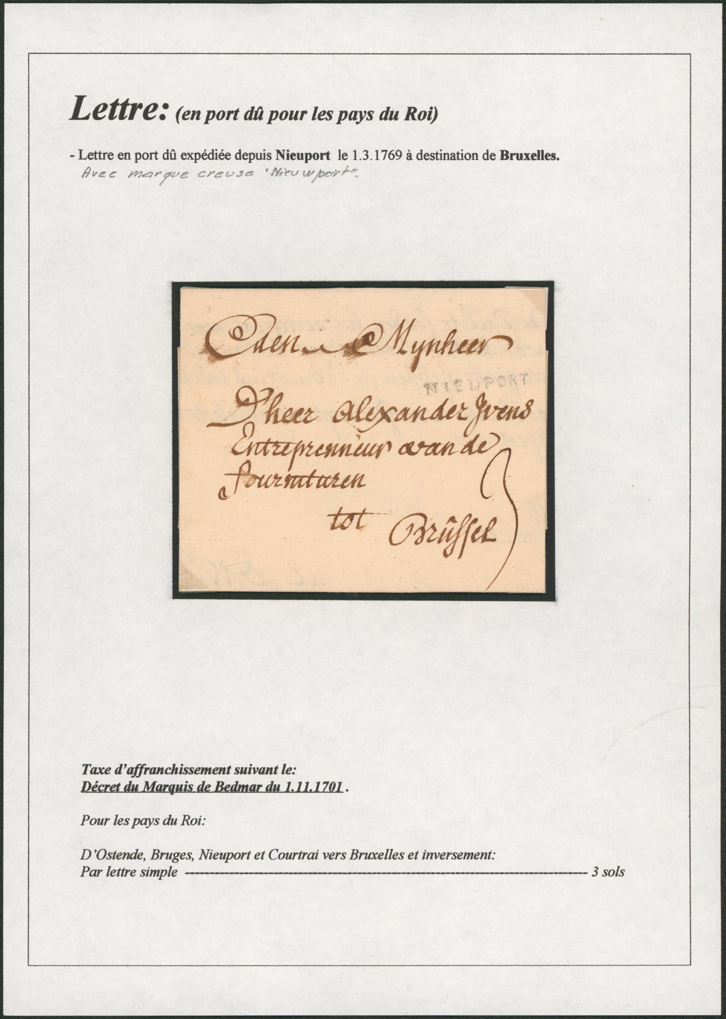 Page de collection - LAC datée de Nieuport (1769) + griffe en creux NIEUPORT, port 3 sols > Brussel
