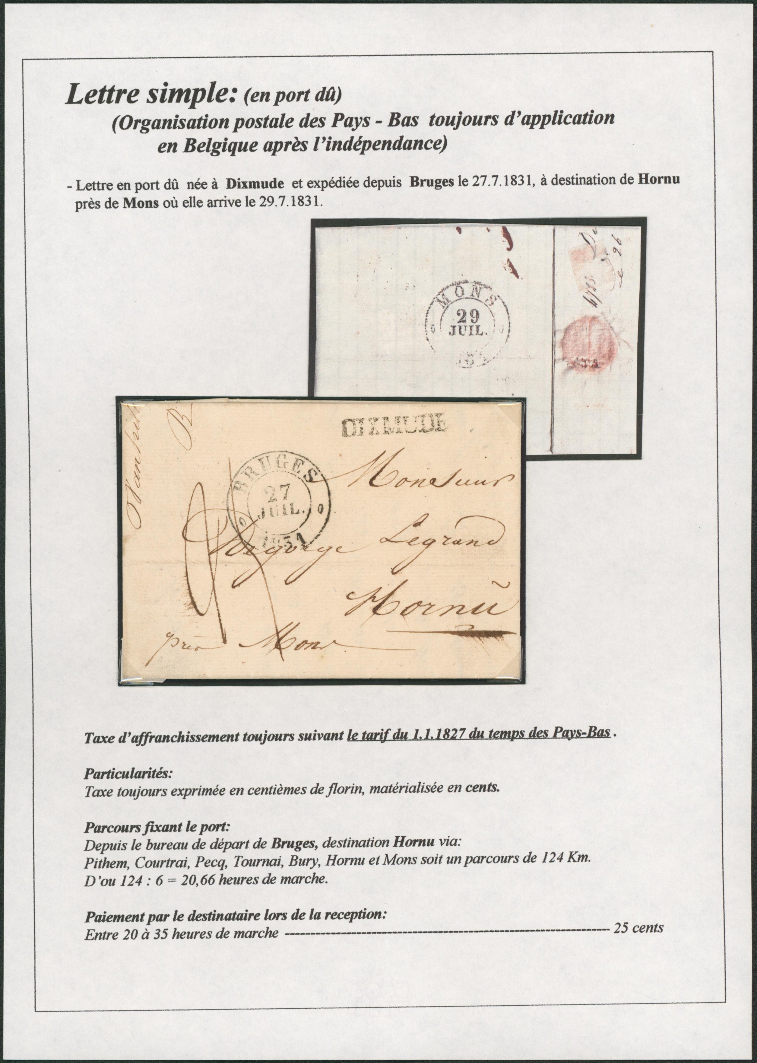 Page de collection - LAC + cachet dateur à perle type DC "Bruges" + obl linéaire DIXMUDE > Hornu, taxe 25 cents.