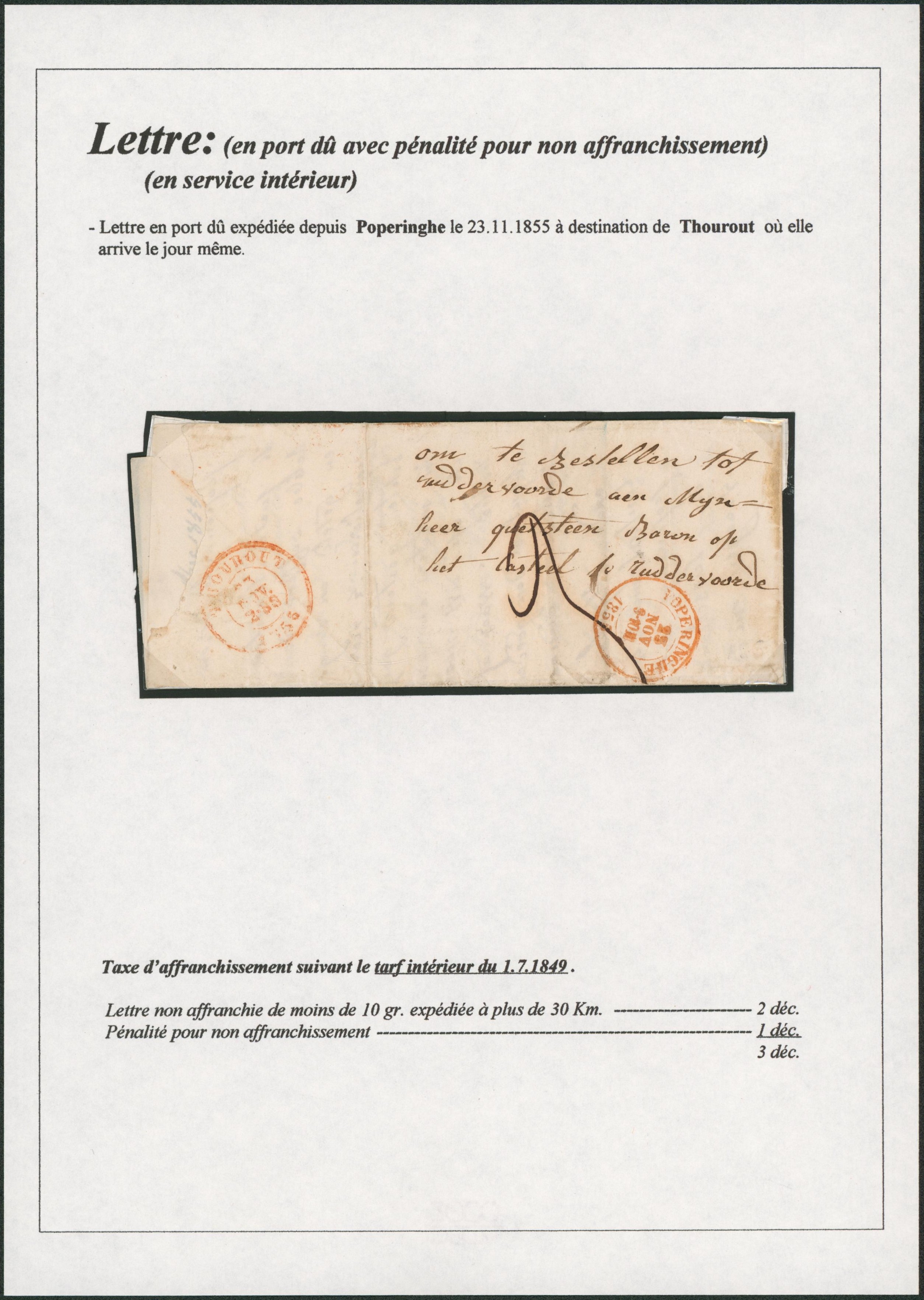 Page de collection - LAC + cachet dateur "Poperinghe" (1855), port 3 décimes > Ruddervoorde çàd cachet d'arrivée Thourout.