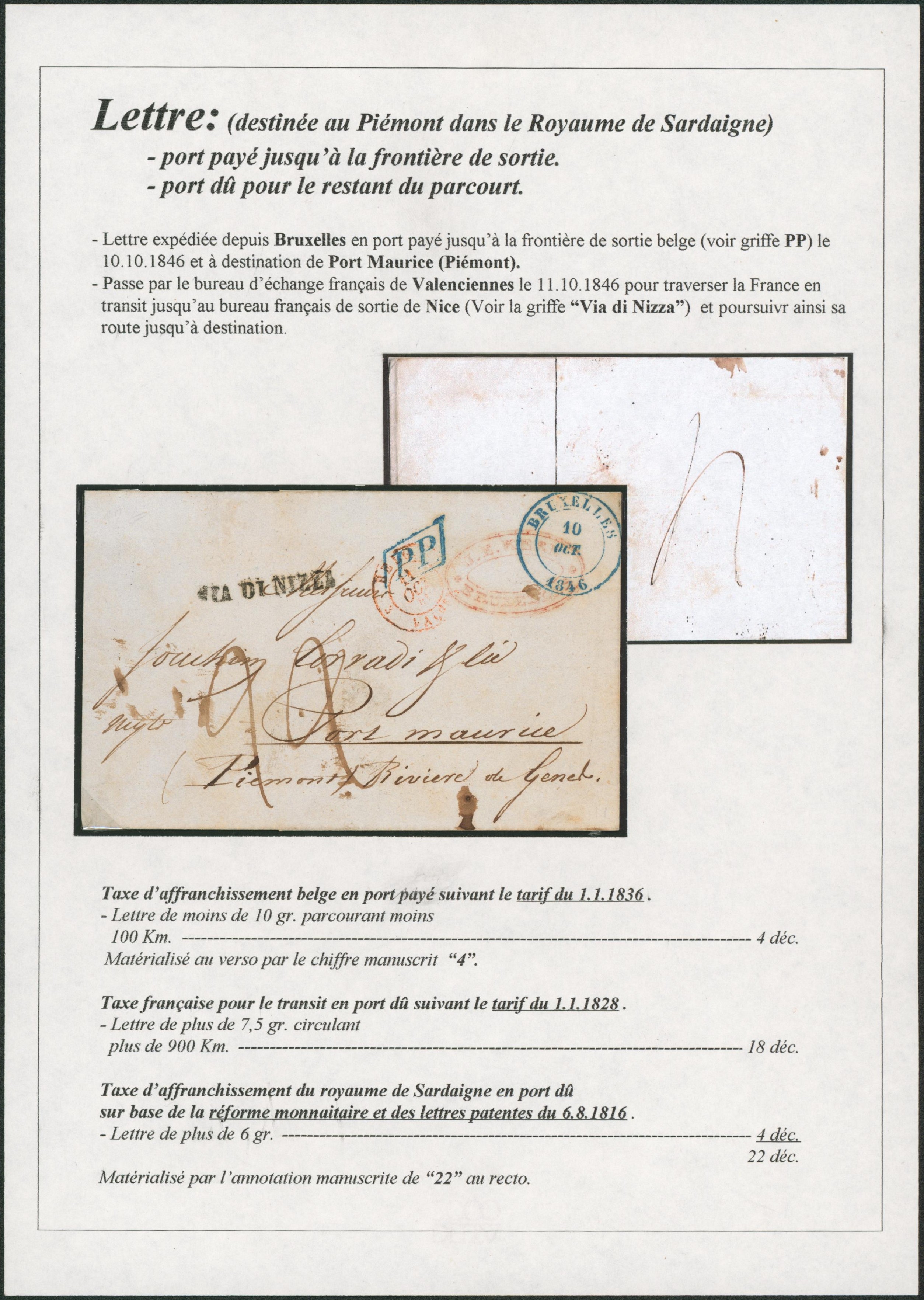 Page de collection - LSC + cachet dateur "Bruxelles" (1846) en PP > Port maurice (Piémont) via Valenciennes + griffe de passage "Via di Nizza" (Nice).  Calcul du tarif