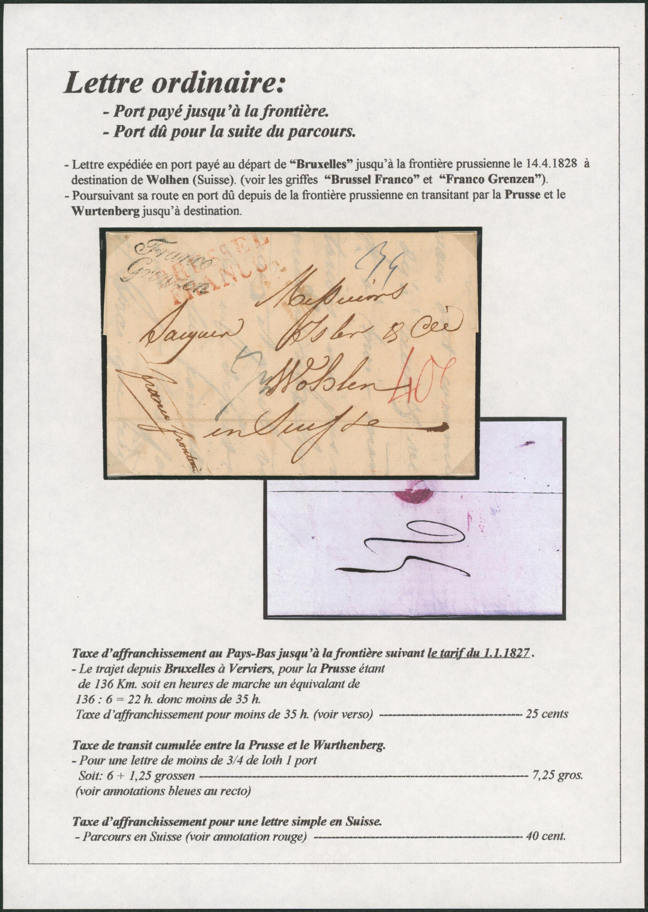 Page de collection - LAC daté de Bruxelles (1828) obl linéaire rouge BRUSSEL / FRANCO + marque de passage "Franco / Grenzen" > Wholen( Suisse).