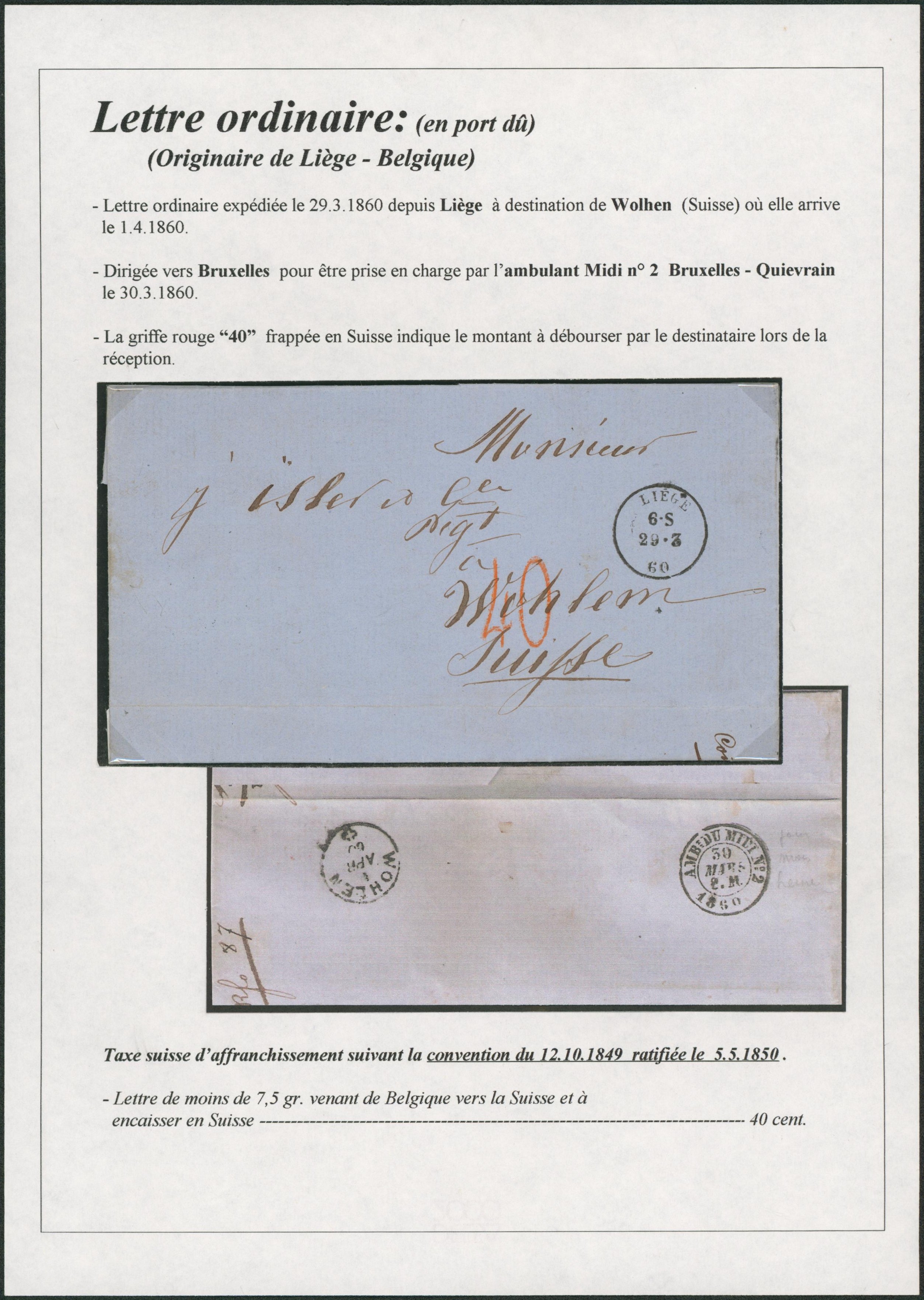Page de collection - LAC non affranchie obl double cercle "Liège" (1860) via Bruxelles çàd cachet ambulant "Ambt. Du Midi n°2" > Wohlen (Suisse). Taxe 40 cents