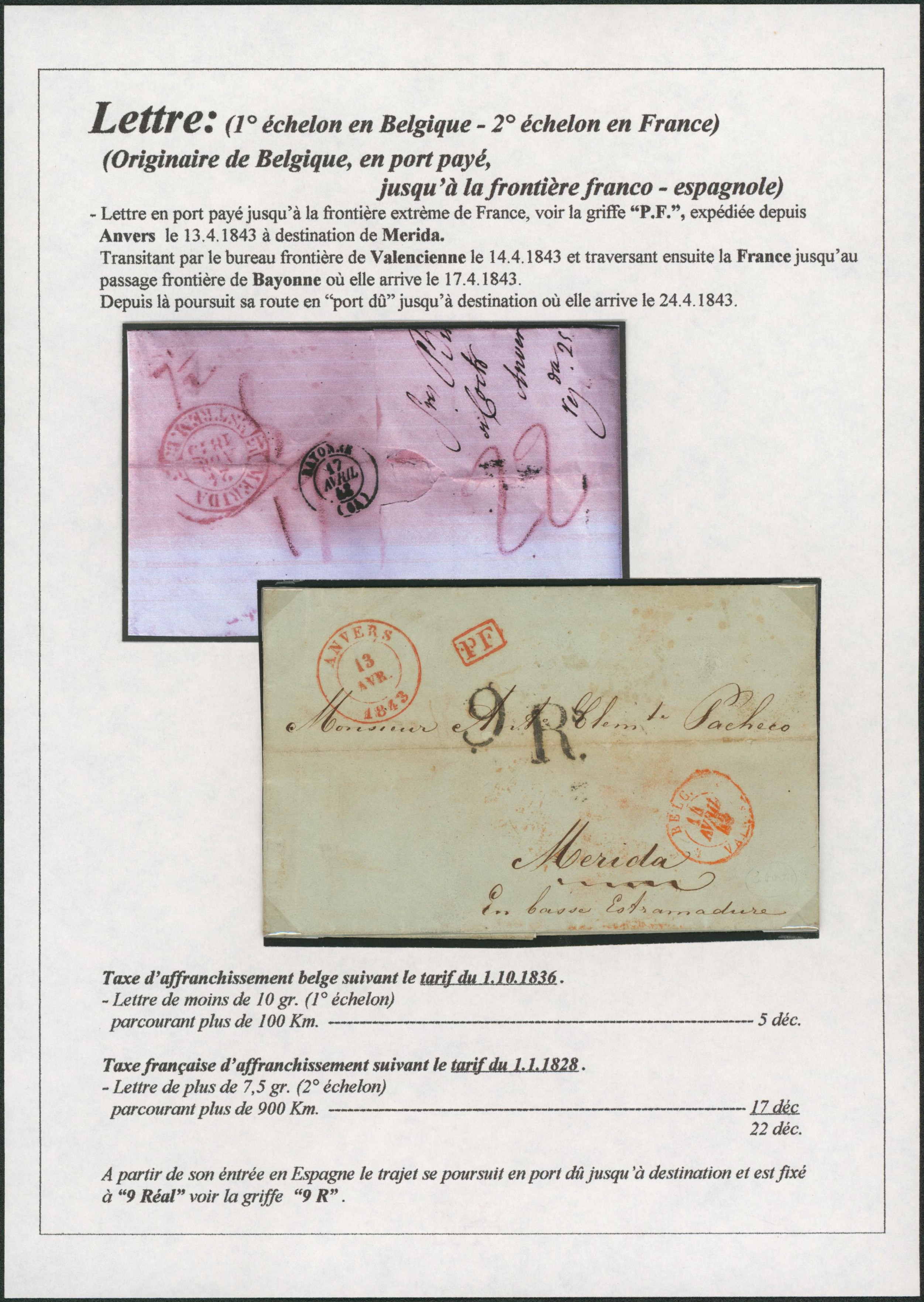 Page de collection - LAC + cachet dateur "Anvers" (1843) encadré rouge "PF" via Valenciennes > Merida (Espagne) + taxe 9R (9 réal).