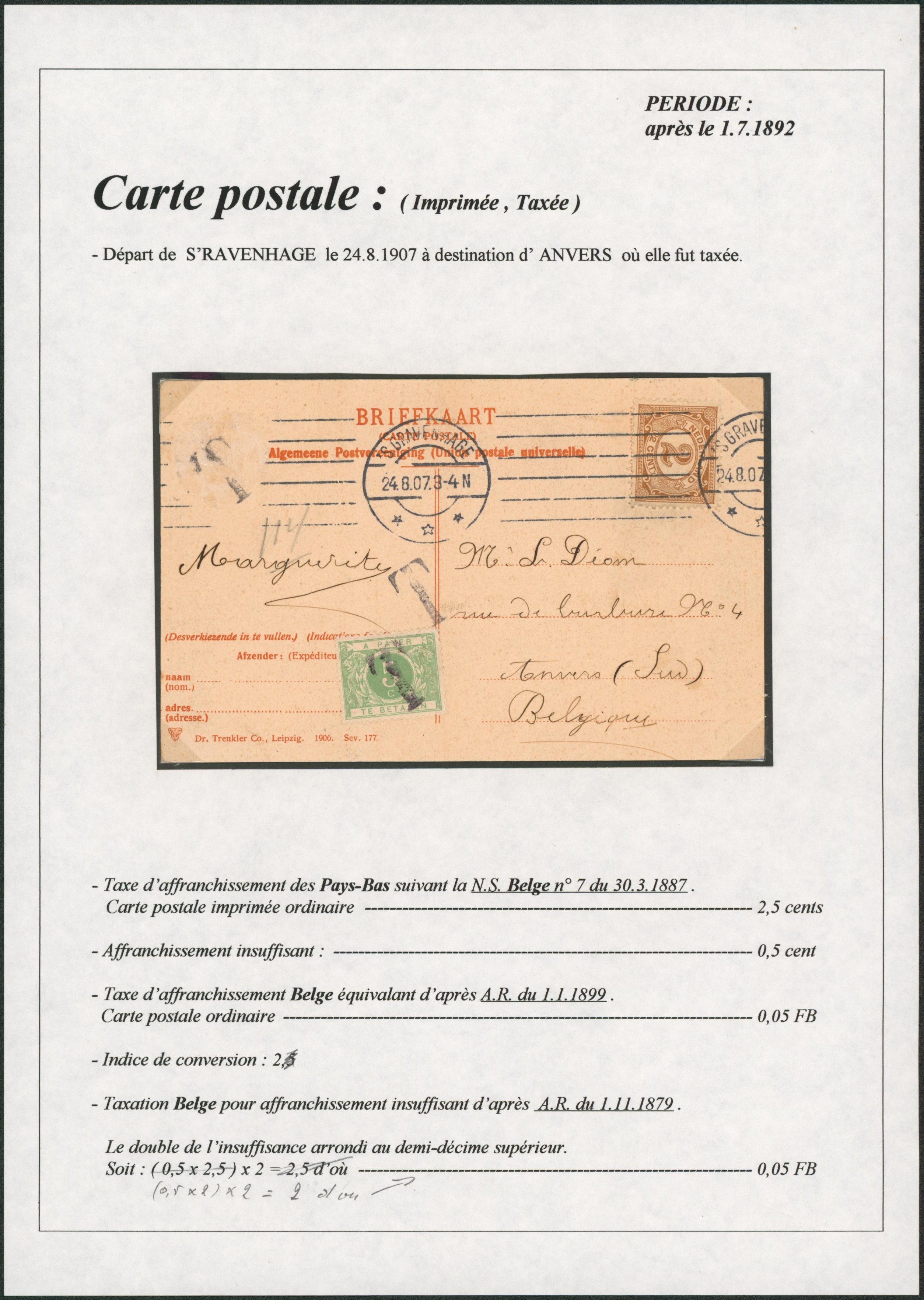 Page de collection - CP en provenance de Hollande (S'ravenhage) affranchie à 2cents > Anvers + TX3 surcharge "T". Rare