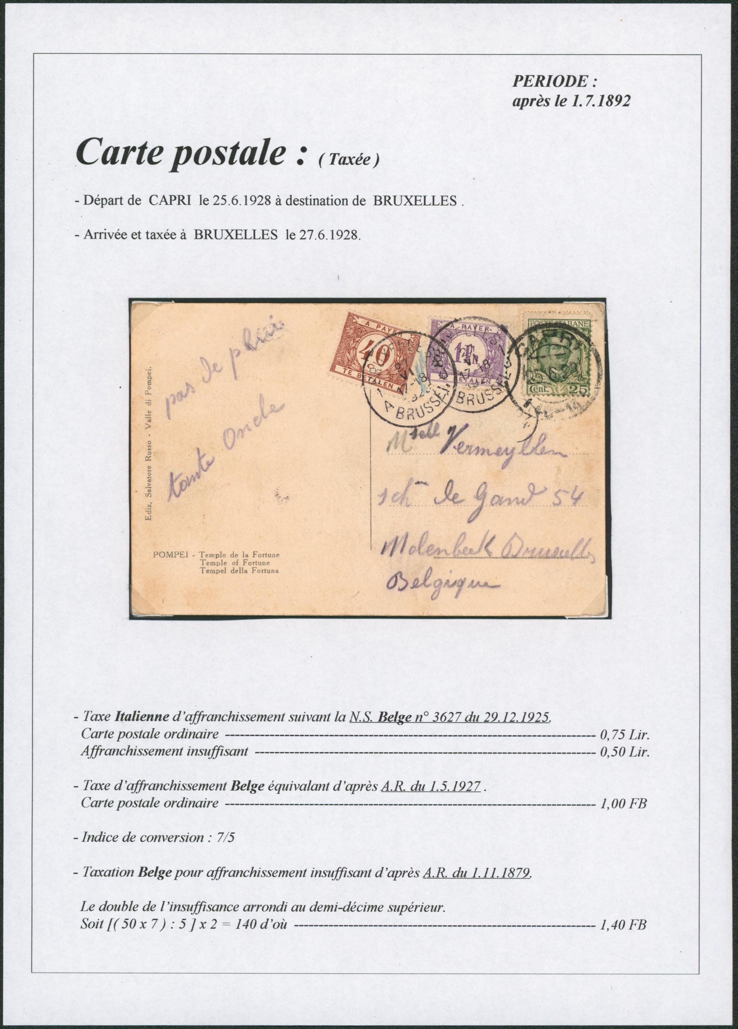 Page de collection - CP en provenance de Capri (Italie) affranchie à 25cents > Molenbeek, taxé à 1F40 !