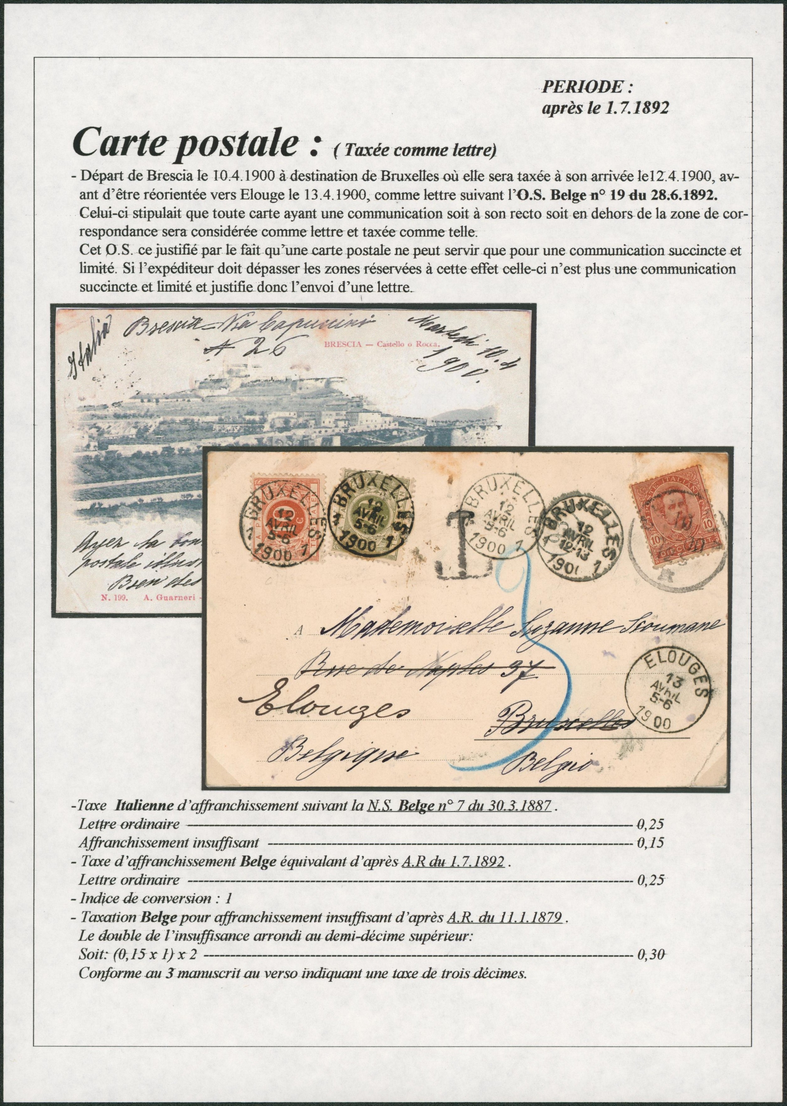 Page de collection - CP en provenance de Bescia (Italie) affranchie à 10cents > Bruxelles, taxé à 30tm et redirigé vers Elouges