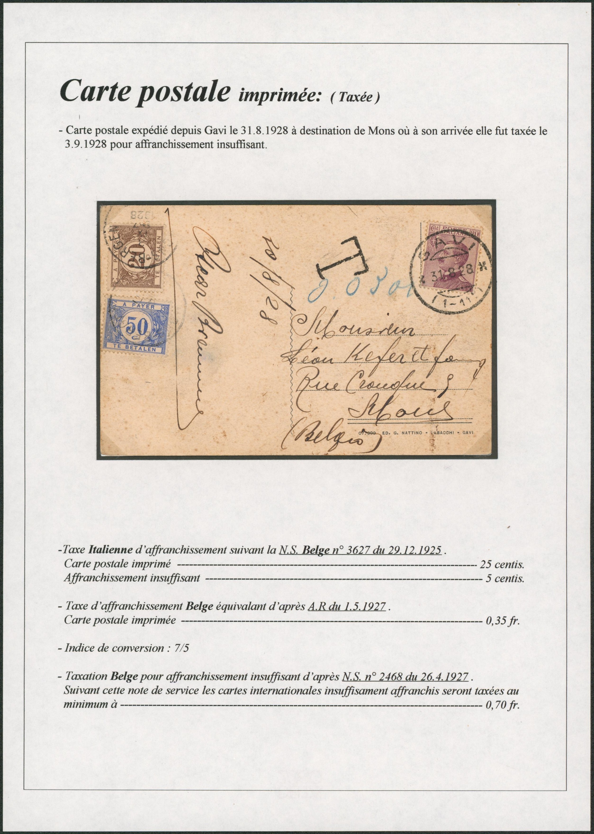 Page de collection - CP en provenance de Gavi (Italie) affranchie à 20cents > Mons, taxé à 70ctm !