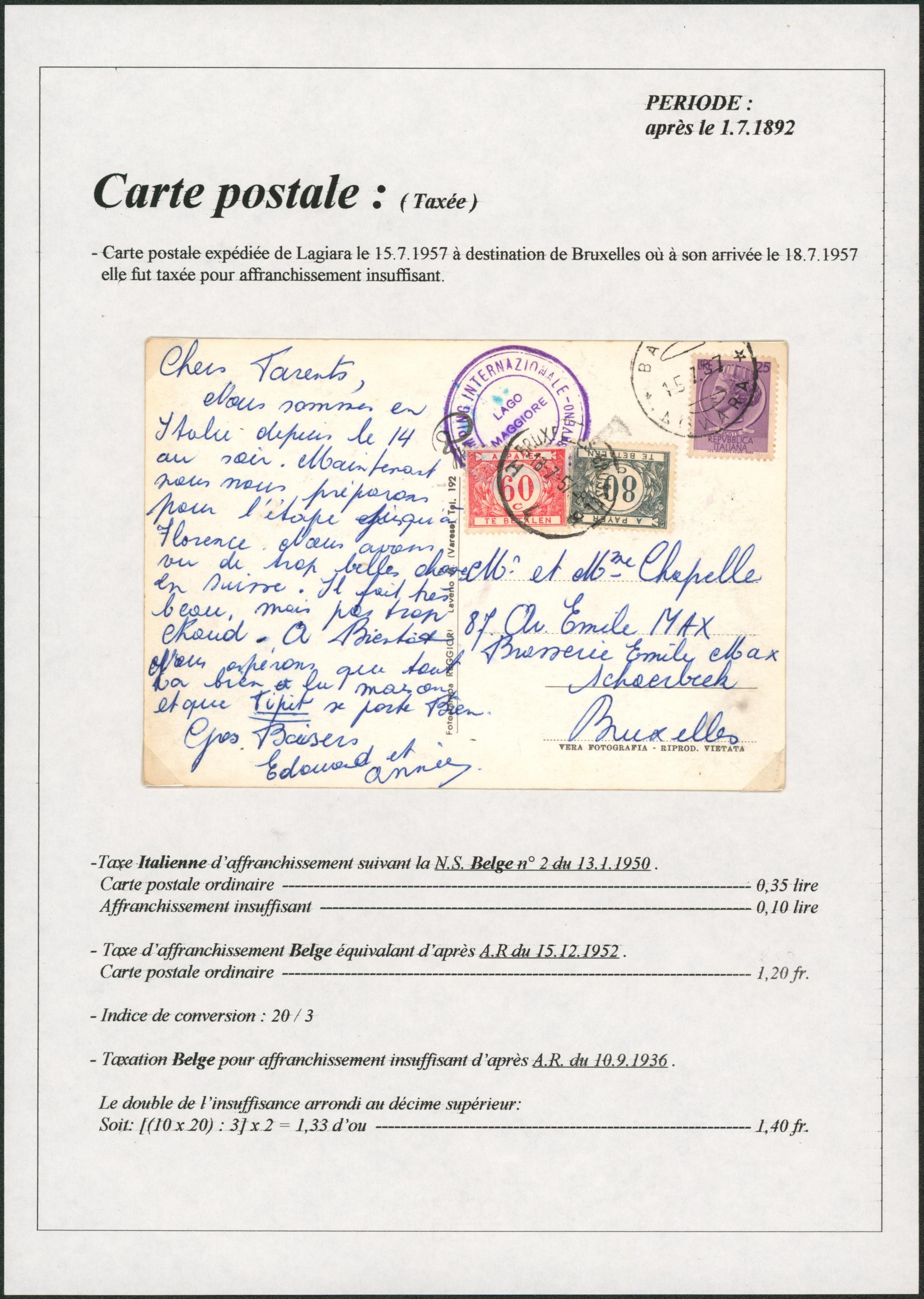 Page de collection - CP en provance de Lagiara (Italie) affranchie à 25 Lire > Bruxelles, taxé à 1F40