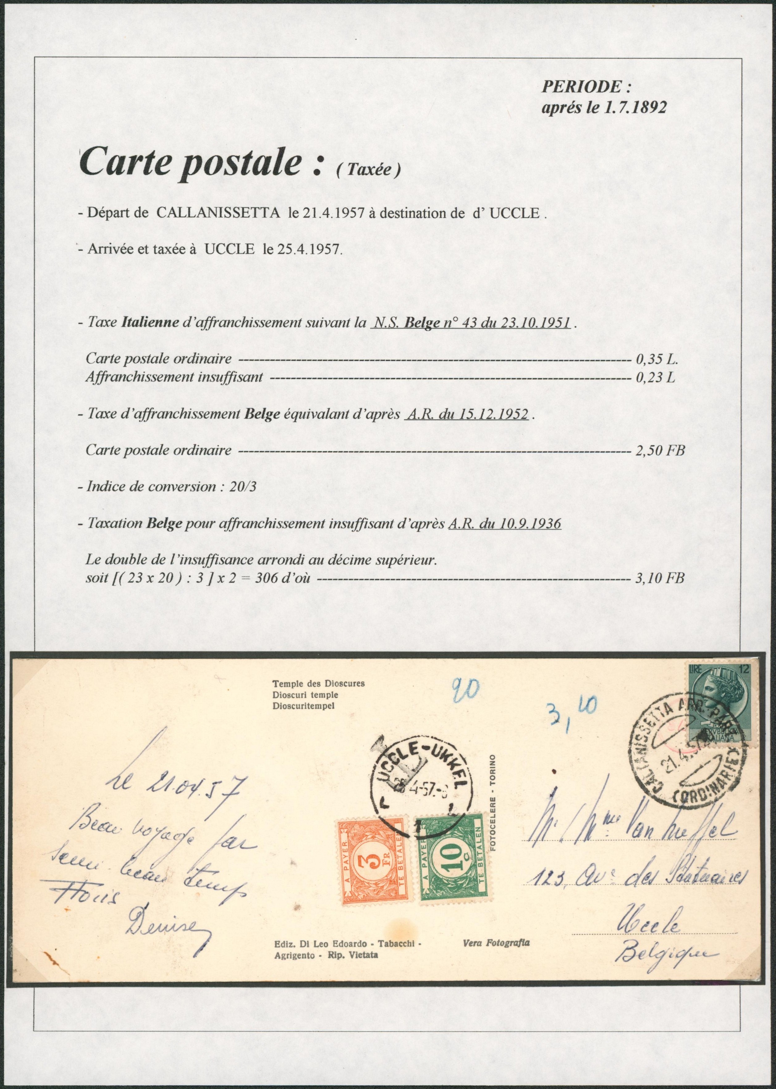 Page de collection - CP grand format en provenance de Callanissetta (Italie) affranchie à 12 Lire > Uccle, taxé à 3F10