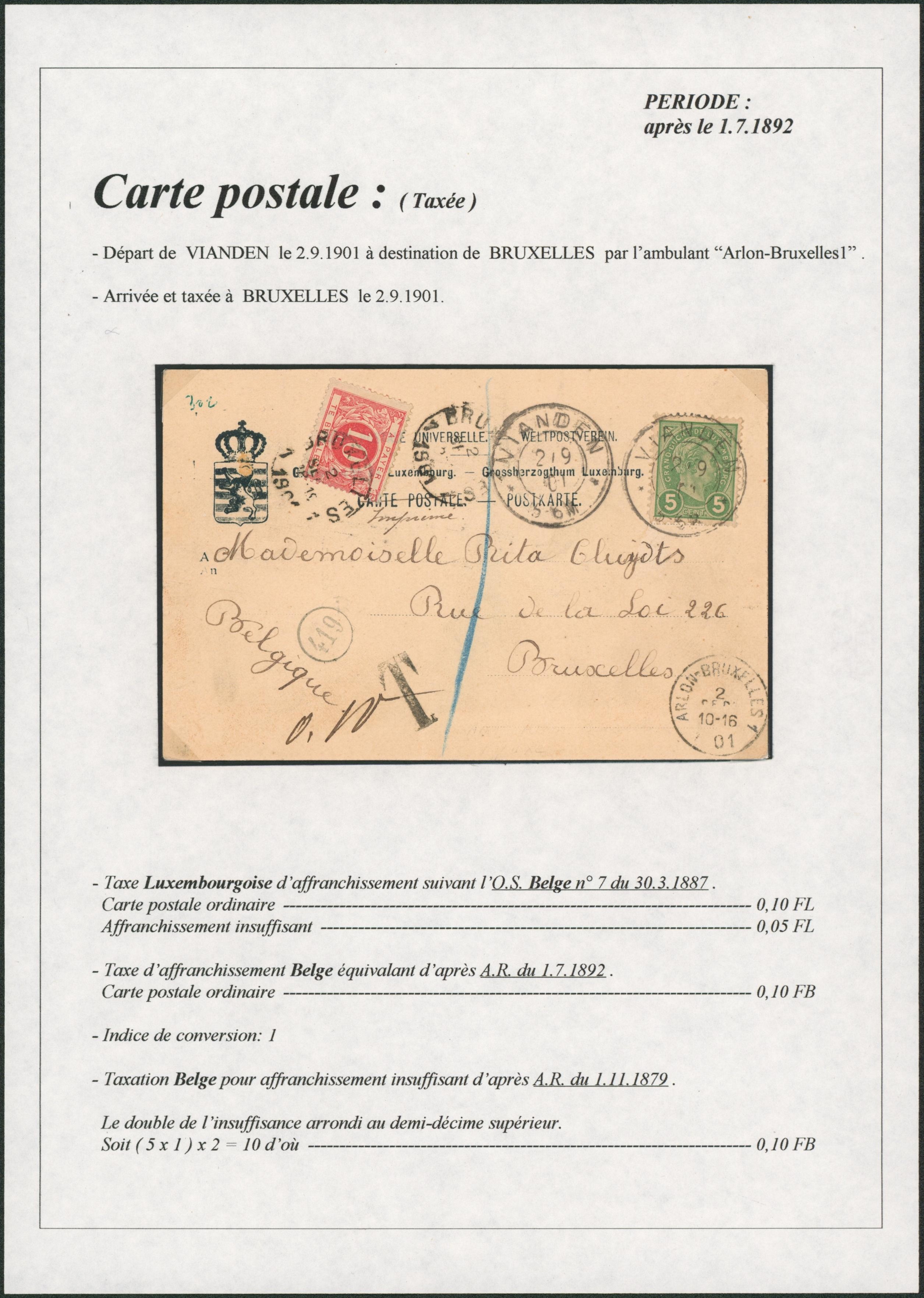 Page de collection - CP en provenance de Vianden (Luxembourg) affranchie à 5 Cents > Bruxelles via ambulant "Arlon-Bruxelles 1", taxé à 10ctm