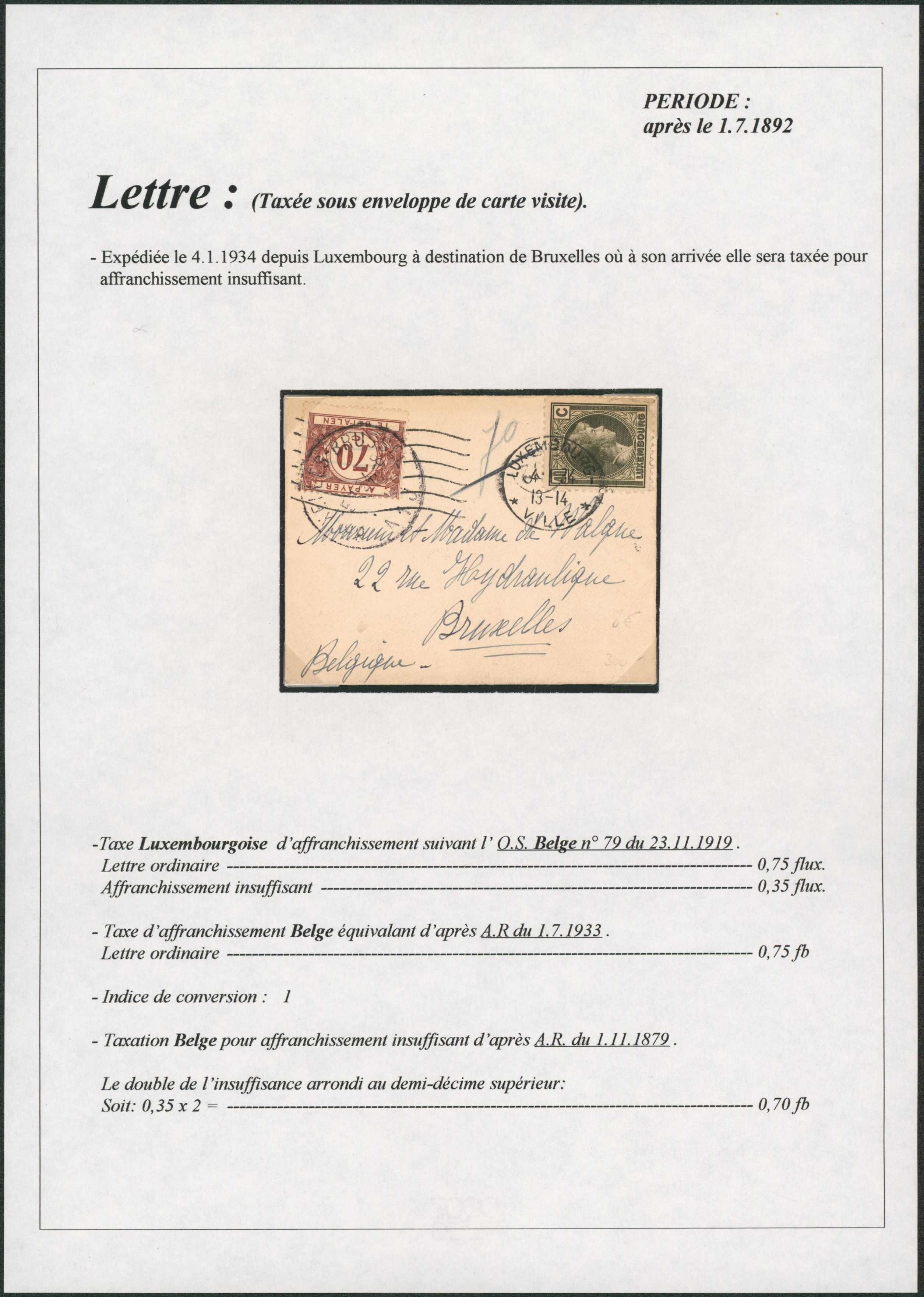 Page de collection - Lettre en provenance de Luxembourg-ville, affranchie à 10cents > Bruxelles, taxé à 70 ctm !