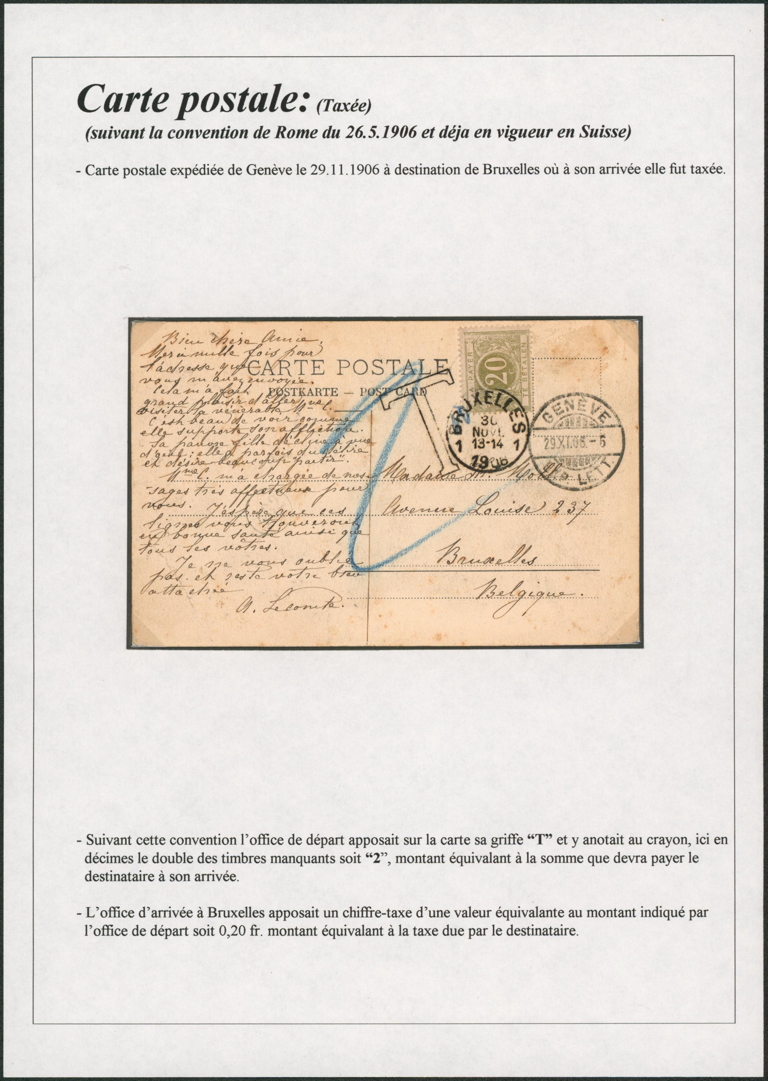 Page de collection - CP en provenance de Genève (Suisse), non affranchie + inscription manuscrite "2" > Bruxelles, taxé à 20ctm par TX6