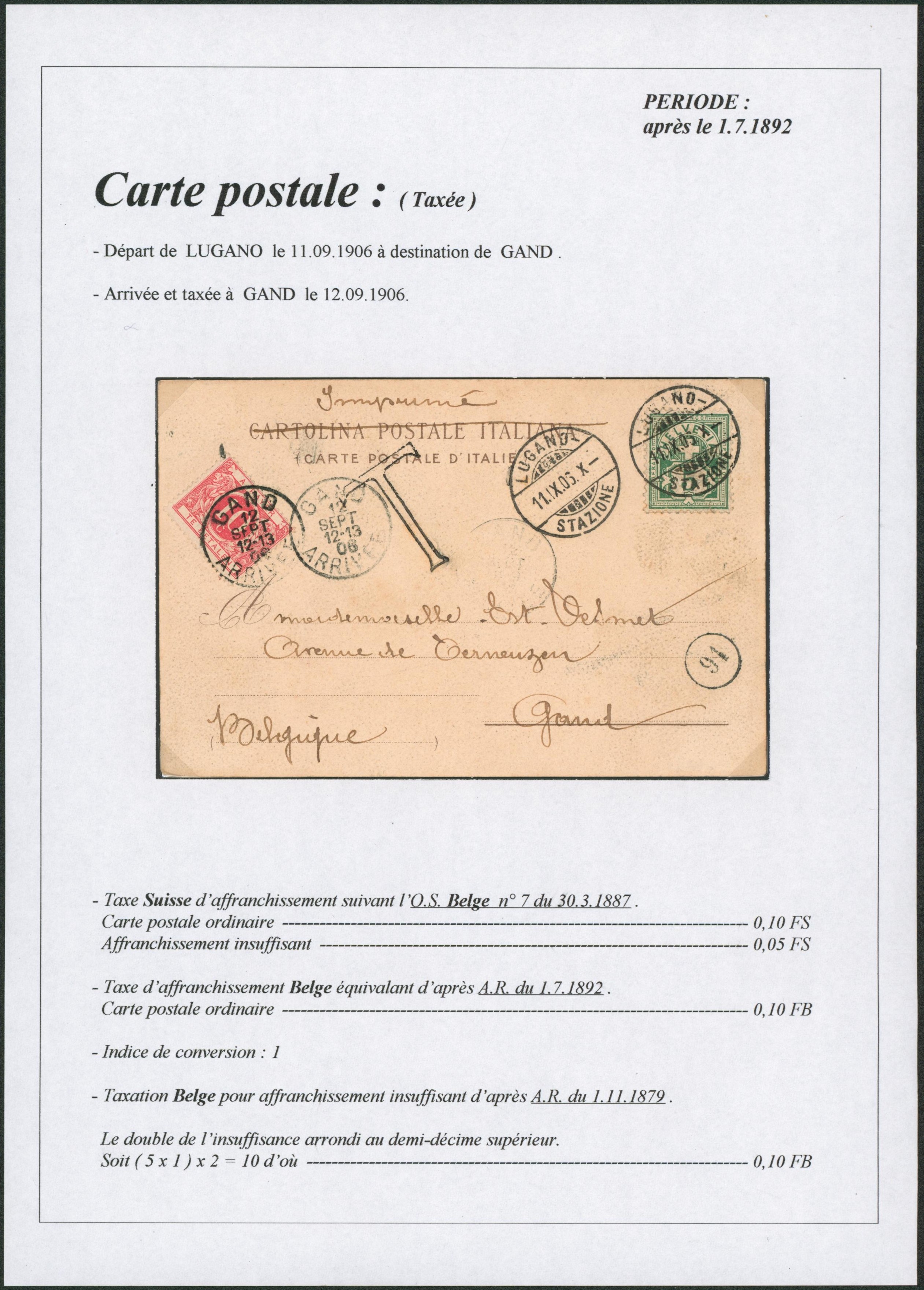 Page de collection - CP en provenance de Lugano (Suisse) affranchie à 5cents > Gand, taxée à 10ctm par TX5