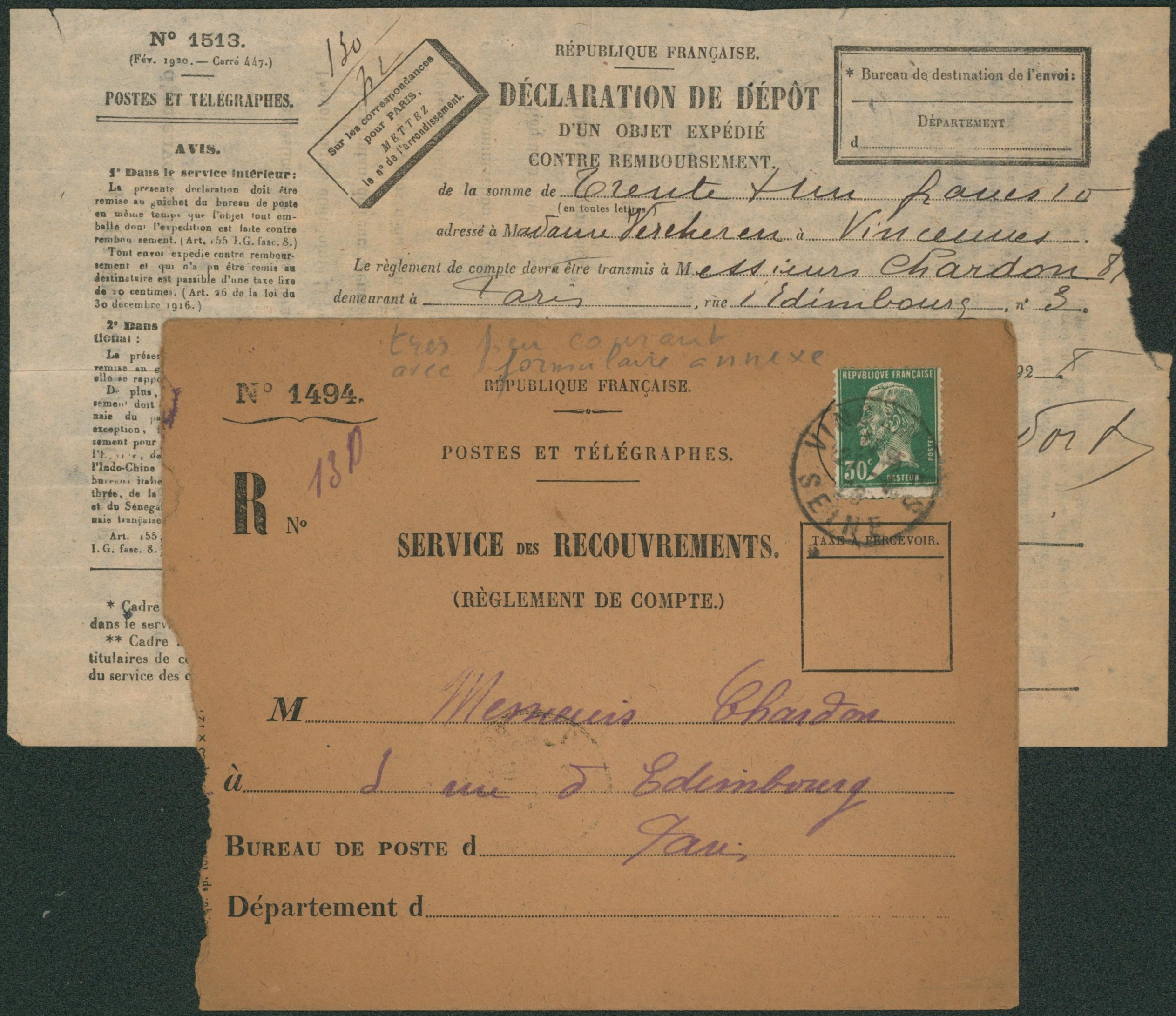 France - Pasteur 30C vert sur lettre "Service de recouvrements" avec contenu (déclaration de dépôt) de Vincennes > Paris. Ensemble peu courant !