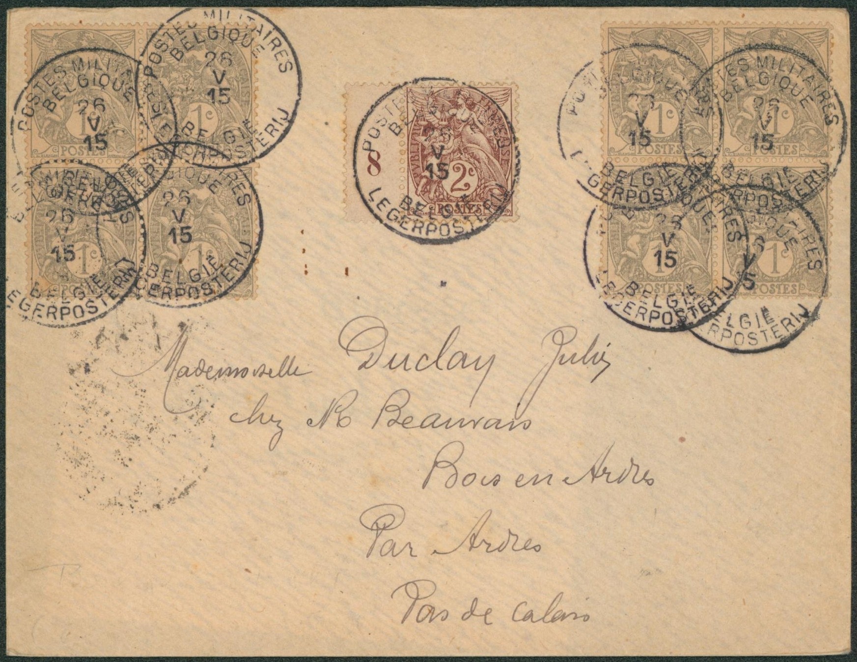 Type Sage (1 et 2ctm) sur lettre soit 12ctm obl P.M.B. > Ardres (France).