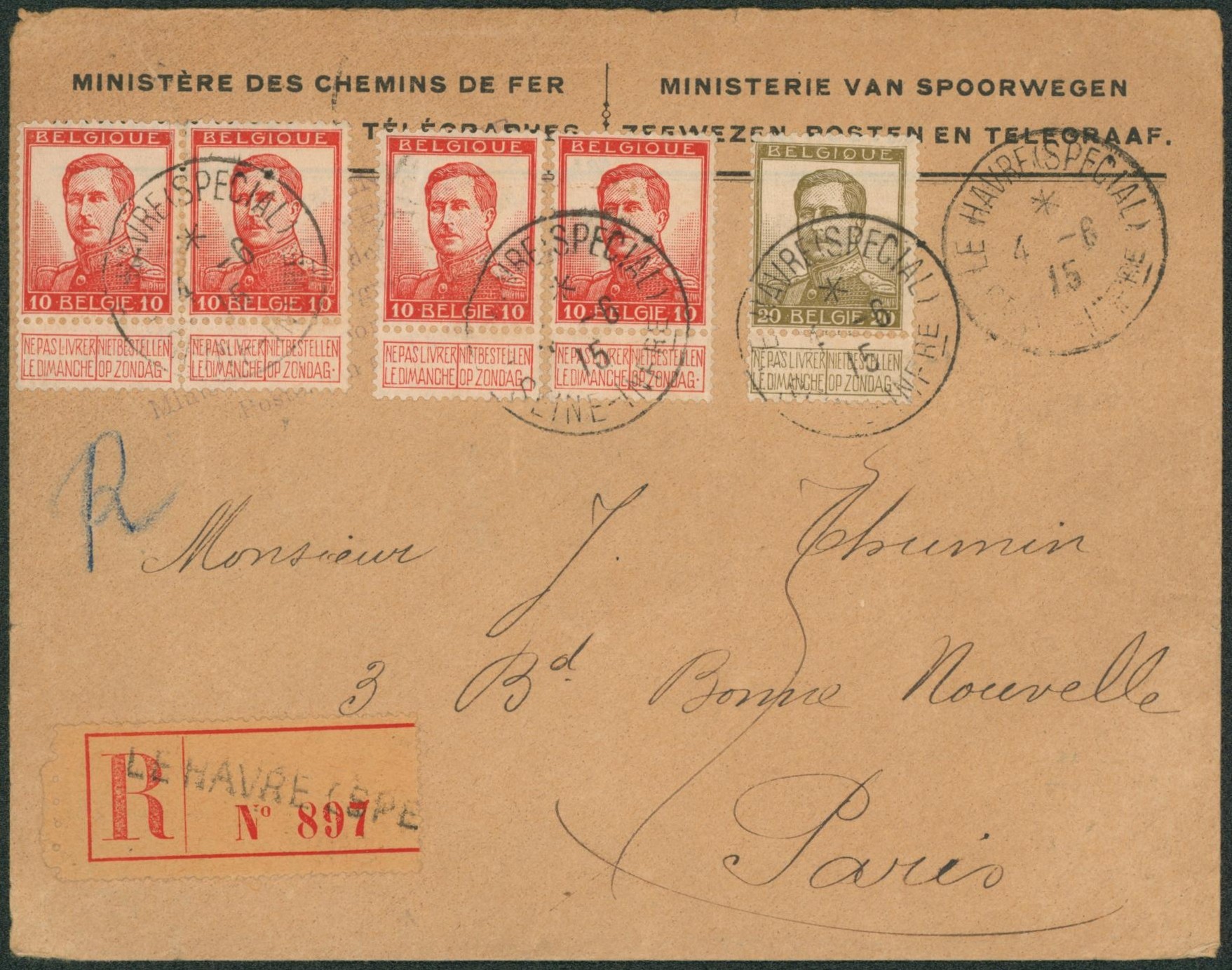 Pellens - n°123 x4, 124 + verso n°108 x2, 109 x2 et 110 x2 sur lettre en recommandé de Le havre (étiquette R français) ministère des chemins de fer > Paris.