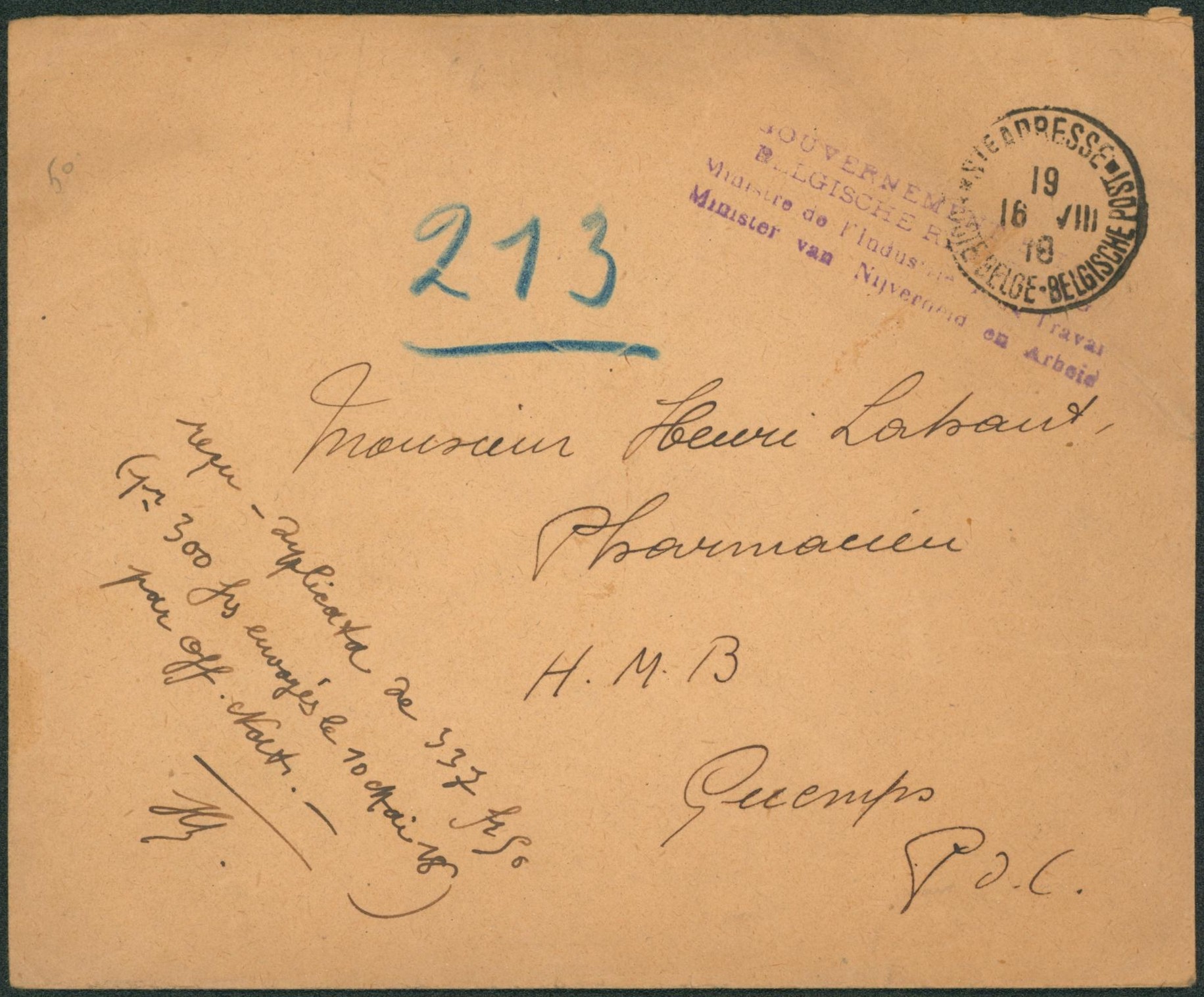 Lettre en franchise (ministère de l'industrie et du travail) obl Ste-Adresse (16/8/18) > Pharmacien, Pas de calais.