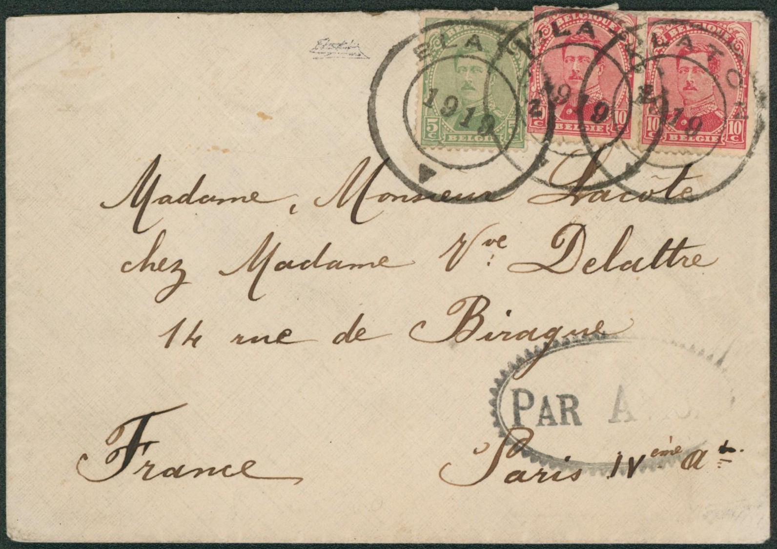 n°135 et 137 x2 sur lettre obl double cercle (fortune) BLATON + griffe festonné PAR AVION > Paris. RRR !