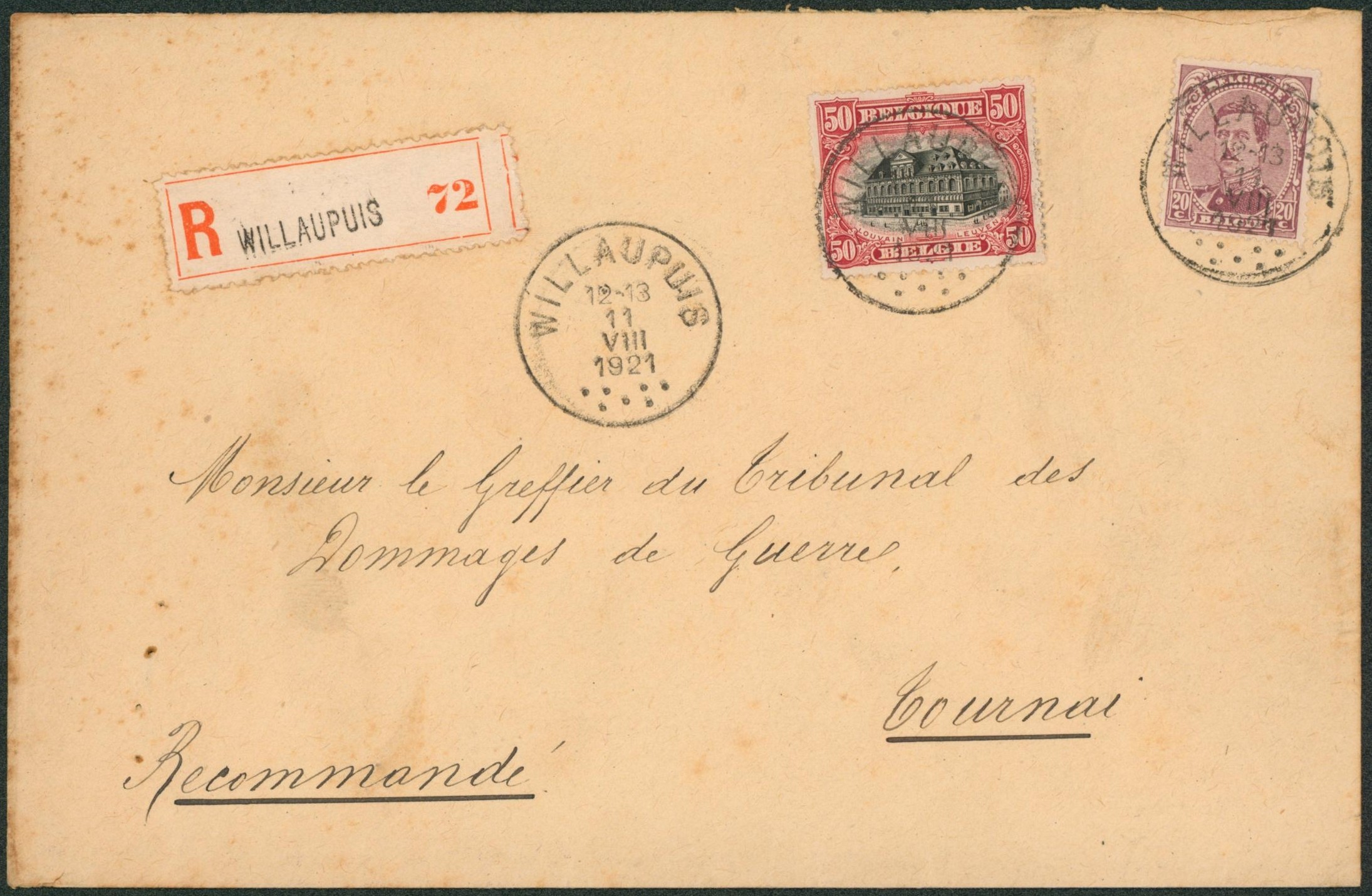 n°140 et 144 sur lettre en recommandé de Willaupuis (rare) > Tournai.