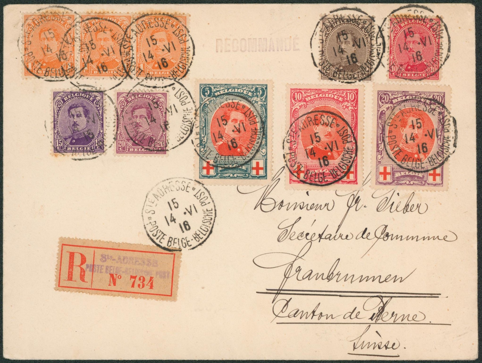 n°135 x3, 136, 138, 139/40 et 132/34 sur lettre en recommandé de Ste-Adresse > Fraubrunnen (Canton de Berne, Suisse).