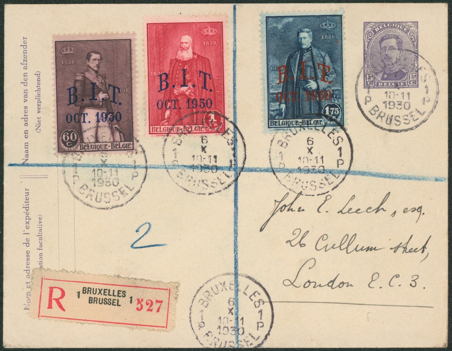 EP au type Env. 15ctm violet Albert I + n°305/07 en recommandé de Bruxelles > London