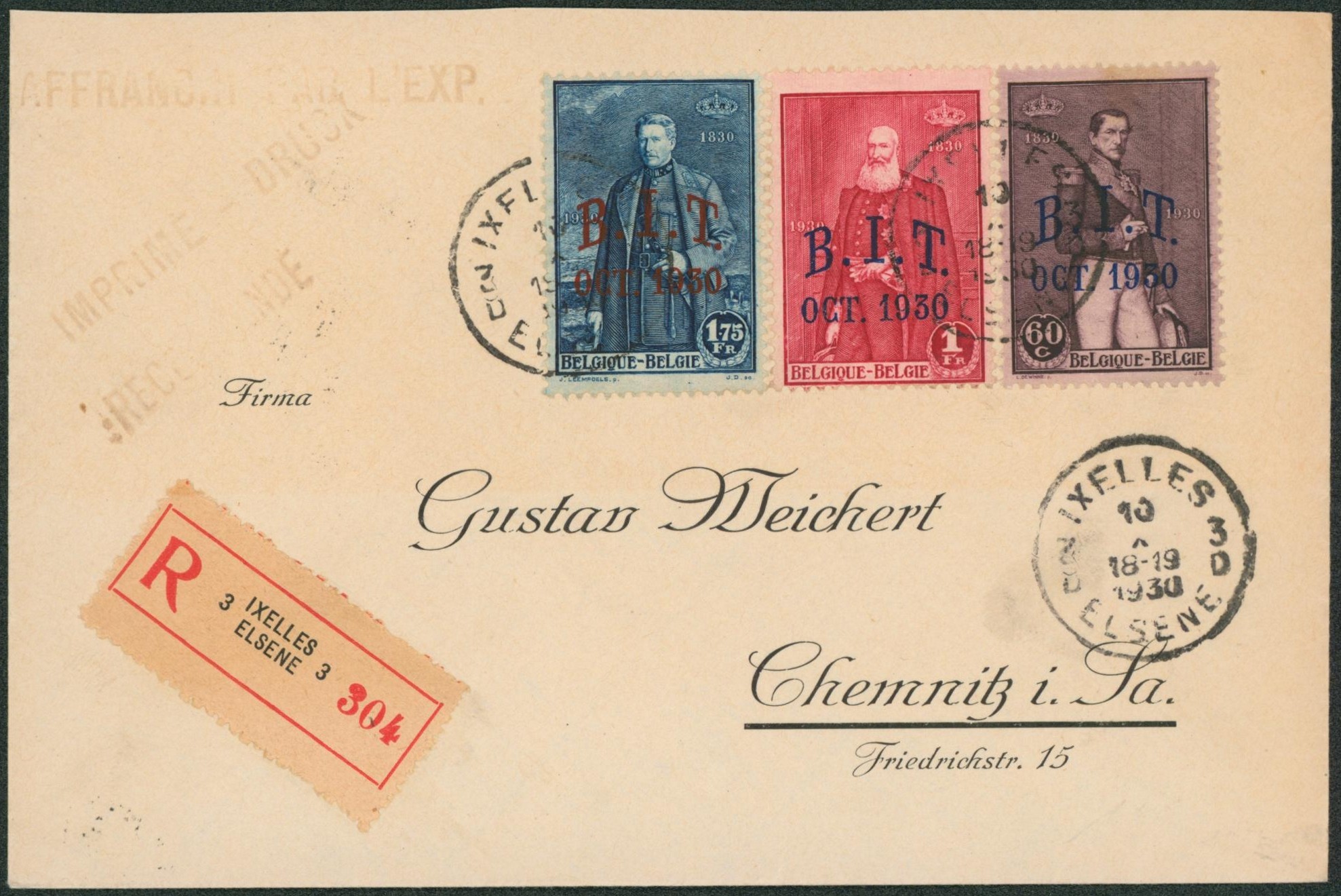 n°305/07 sur lettre en recommandé de Bruxelles > Chemnitz (Allemagne).