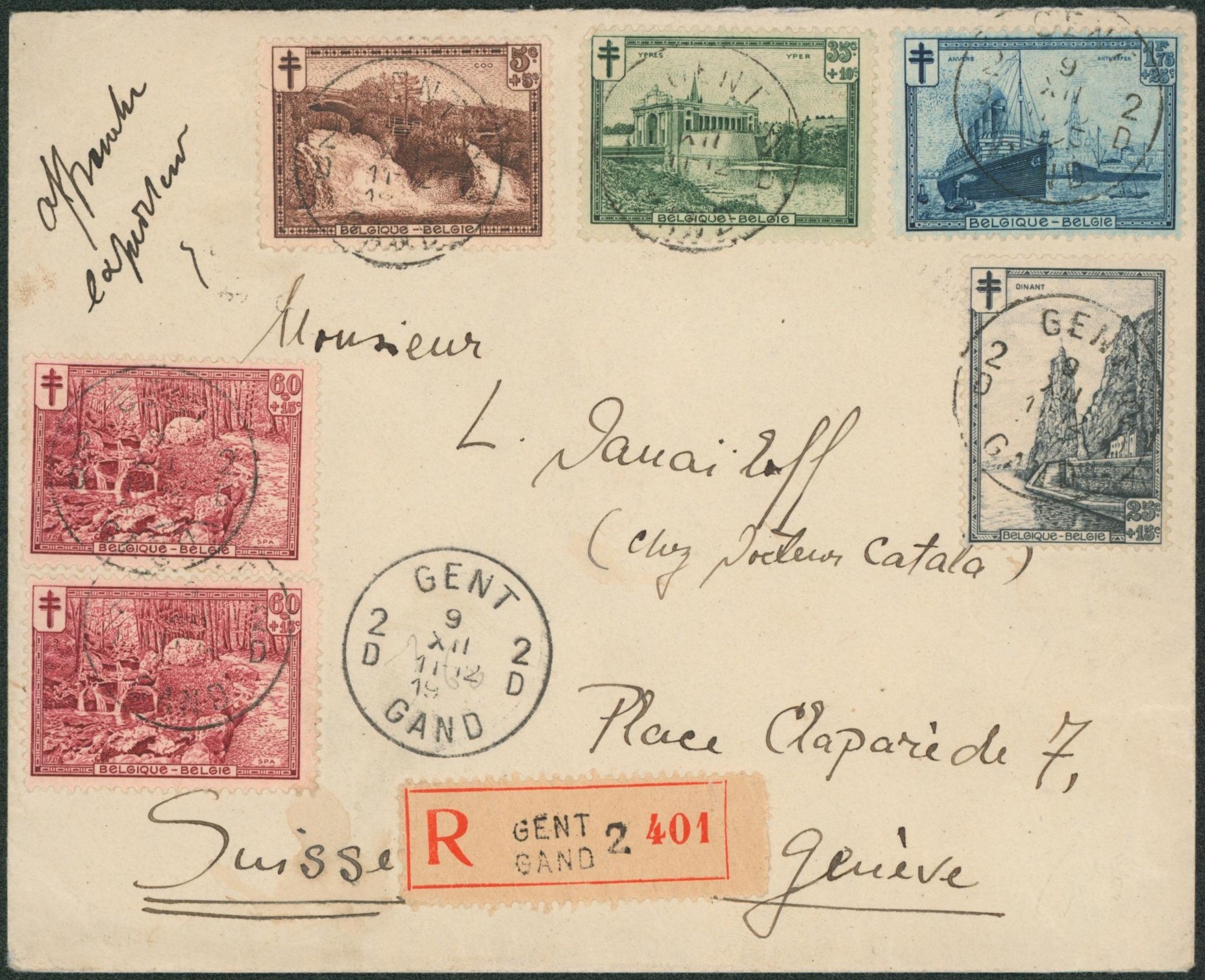 Antituberculeux (Sites) - n°293/95, 296 x2 et 297 sur lettre en recommandé de Gent / Gand > Genève (Suisse)